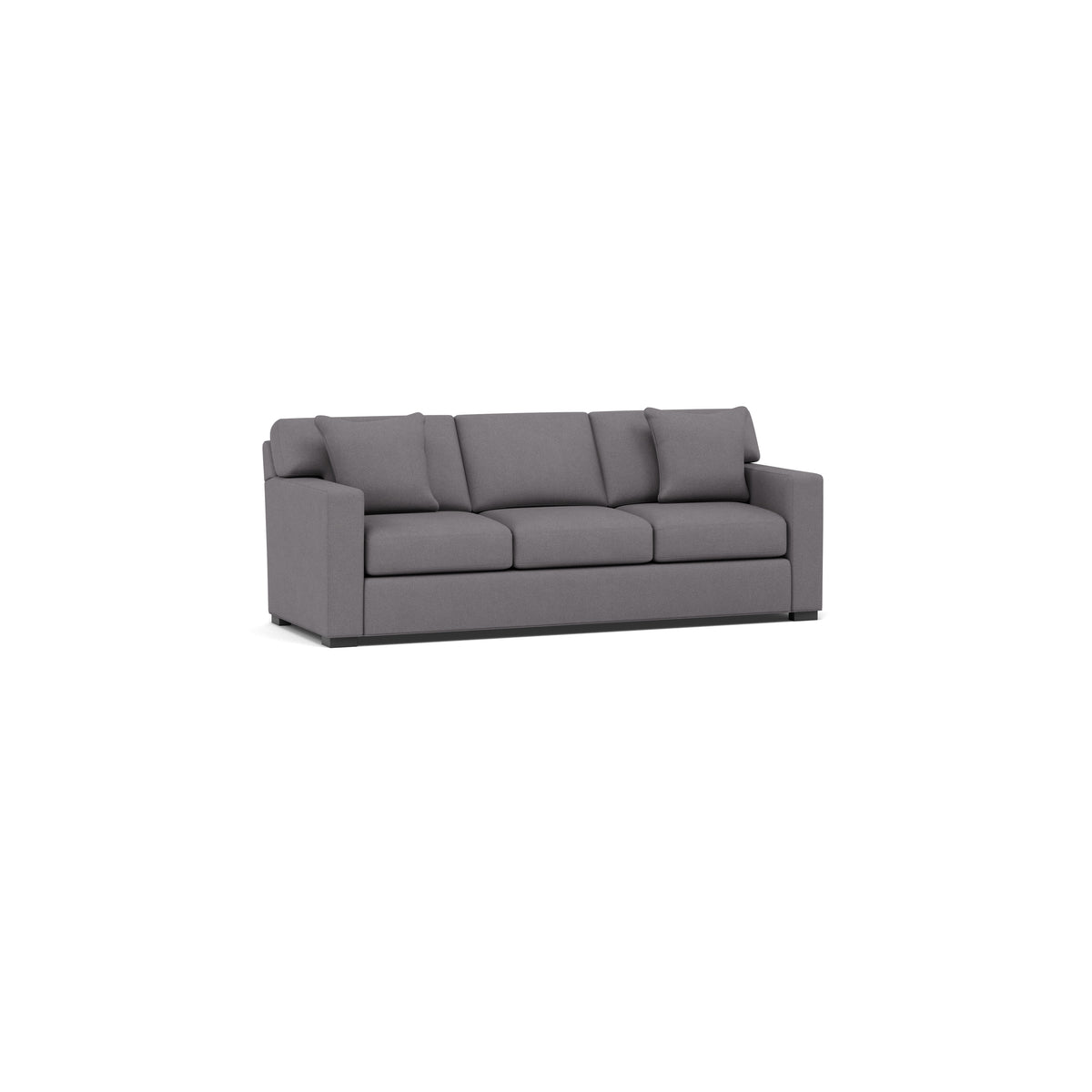 Gray three-seat sofa with square arms, ideal for living room seating.