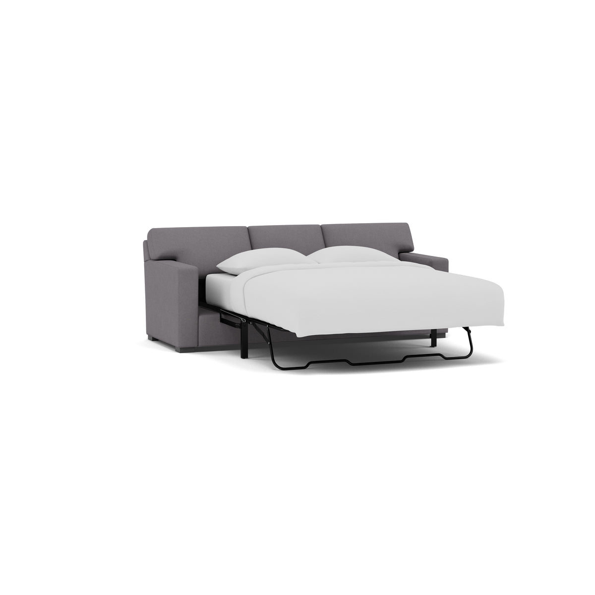 Gray sleeper sofa with pull-out mattress and white bedding.