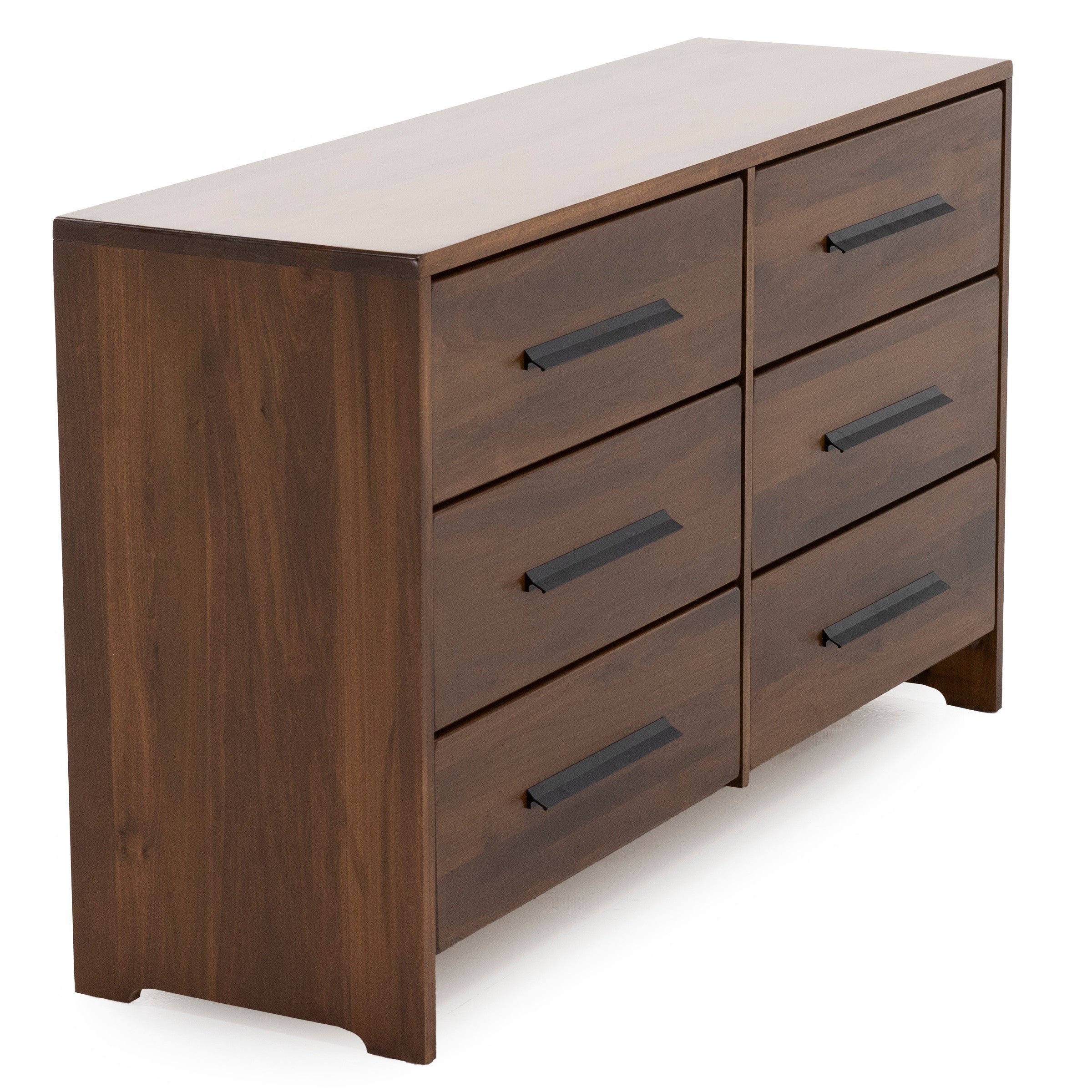Six-drawer wooden dresser with dark metal handles, shown at an angle.
