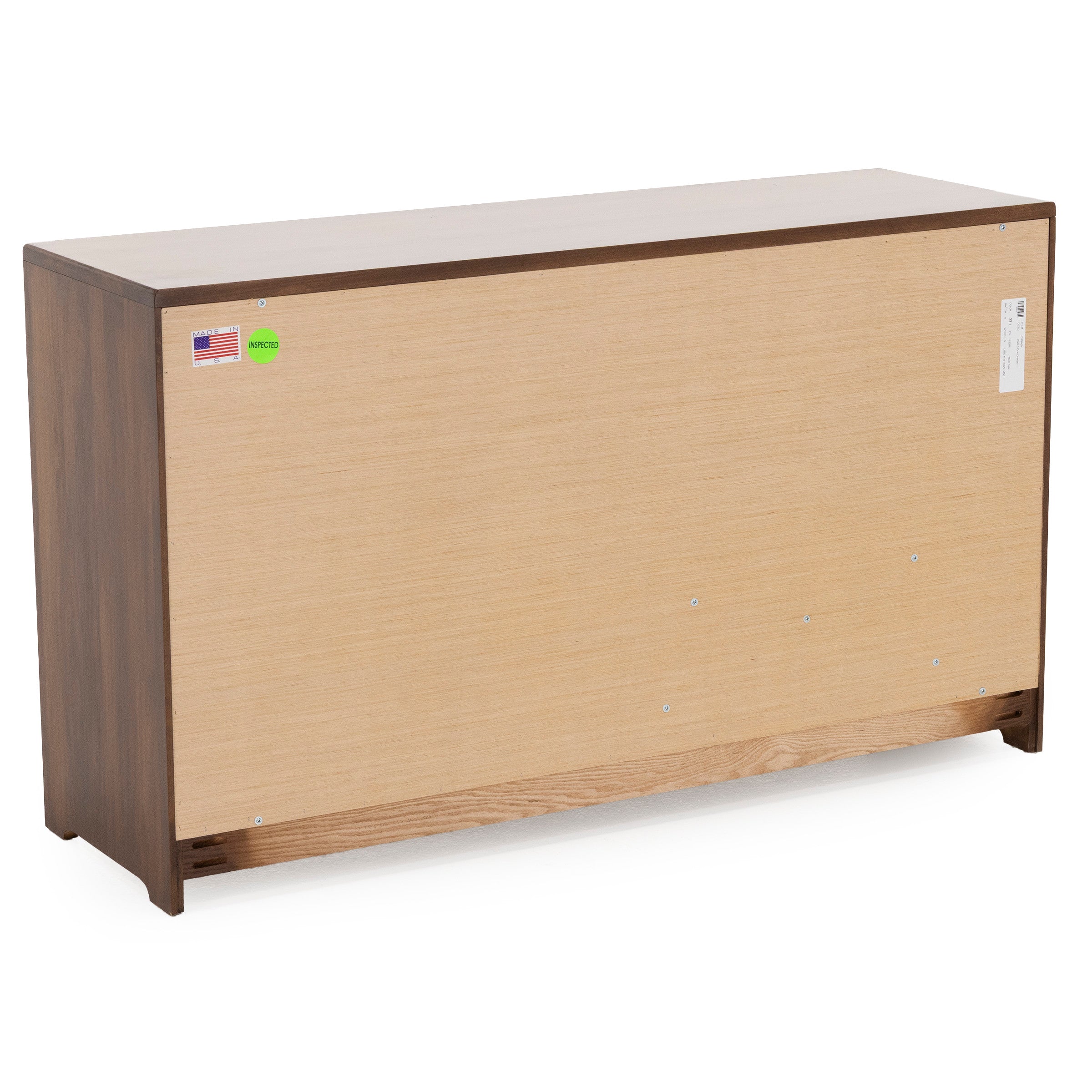 Back view of a wood cabinet with a light finish and inspection stickers.