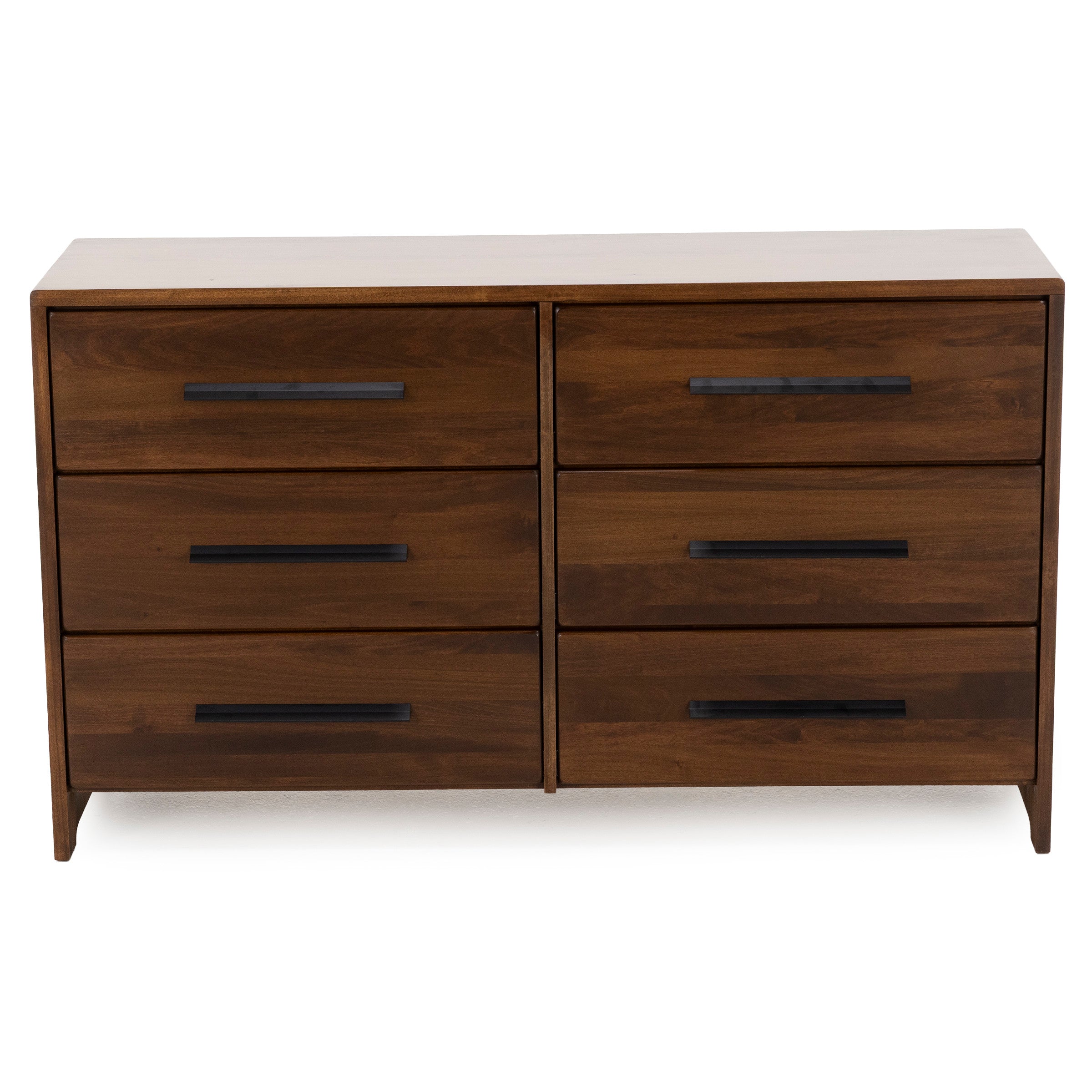 Mid-century modern six-drawer wooden dresser with black handles.