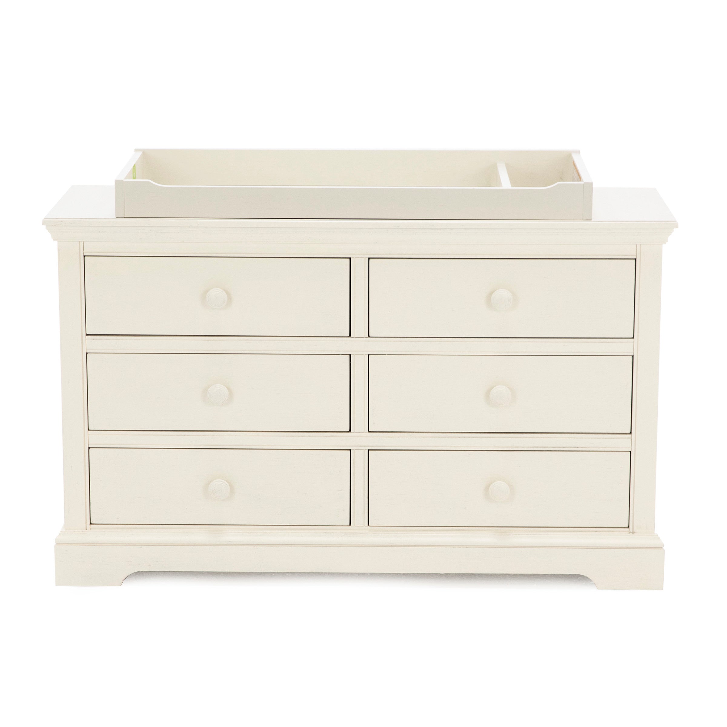 White dresser with six drawers and a changing tray on top.