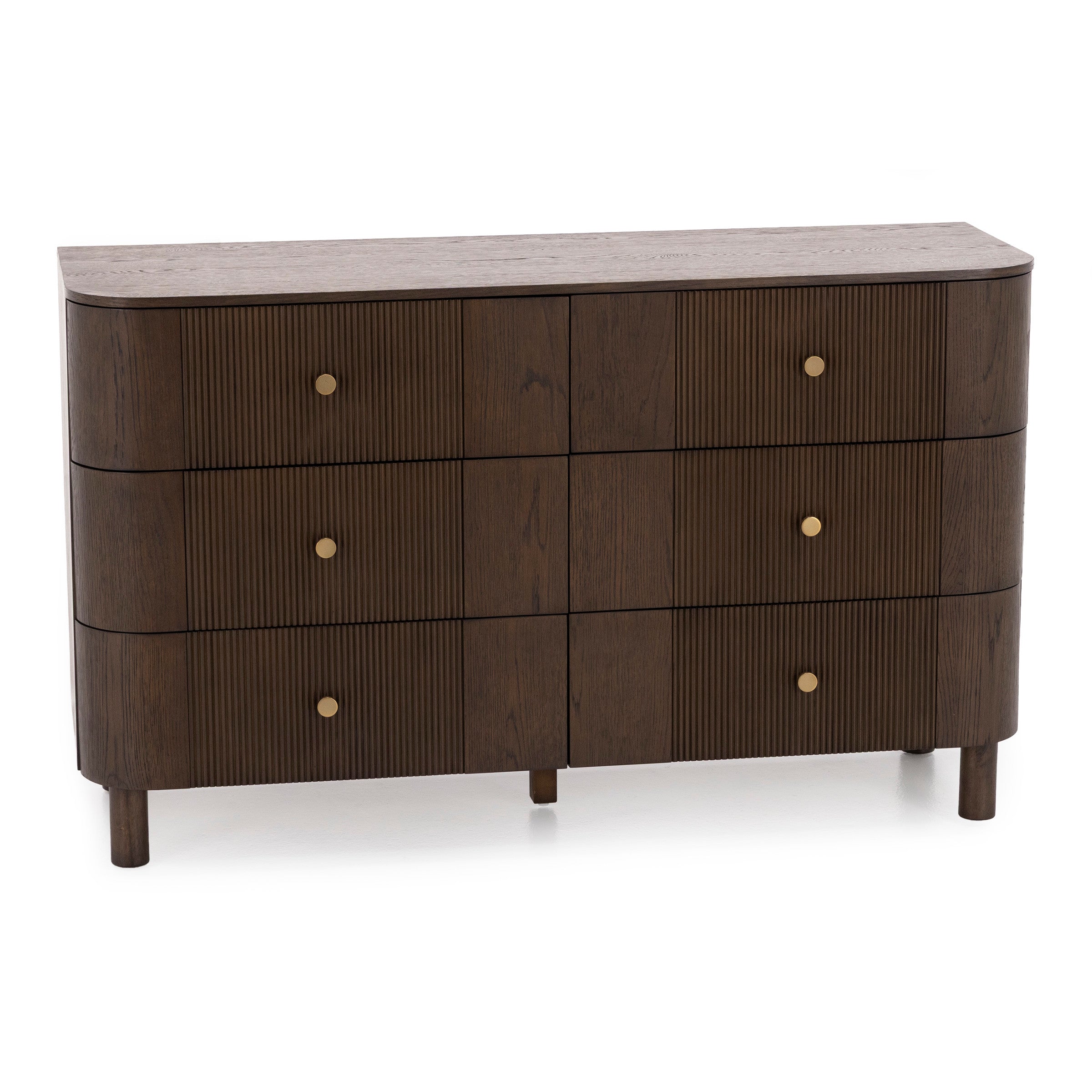 Dark wood dresser with six drawers and gold knobs.