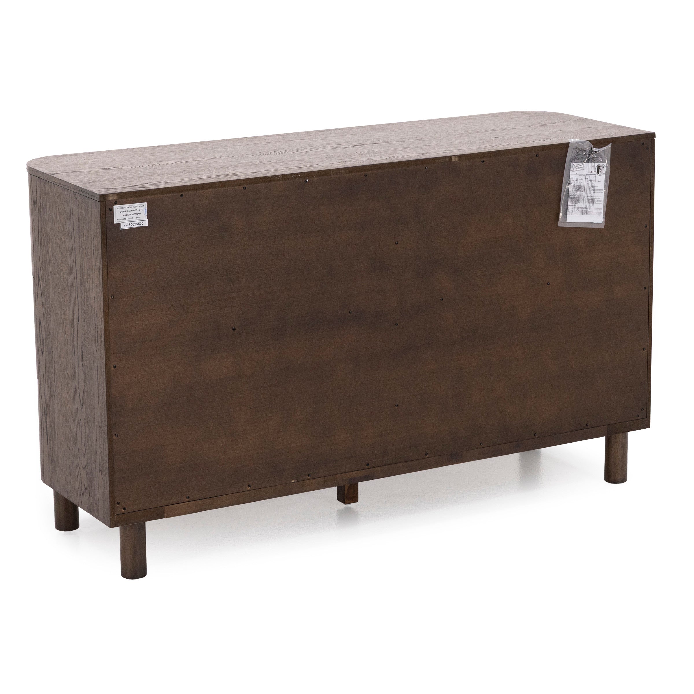 Back view of a wooden dresser showing dark finish and simple cylindrical legs.