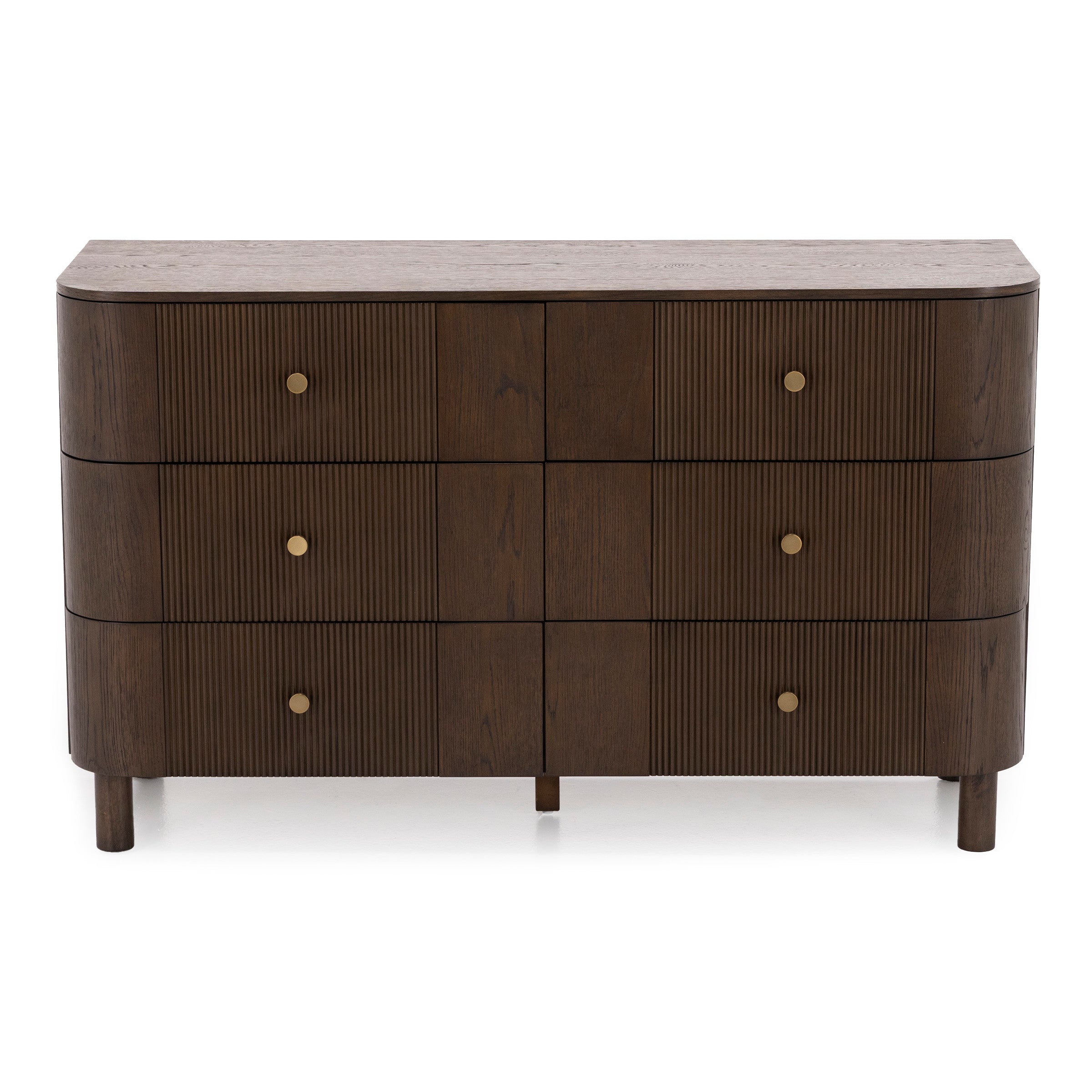 Dark wood dresser with rounded corners and six drawers, each with a gold knob.