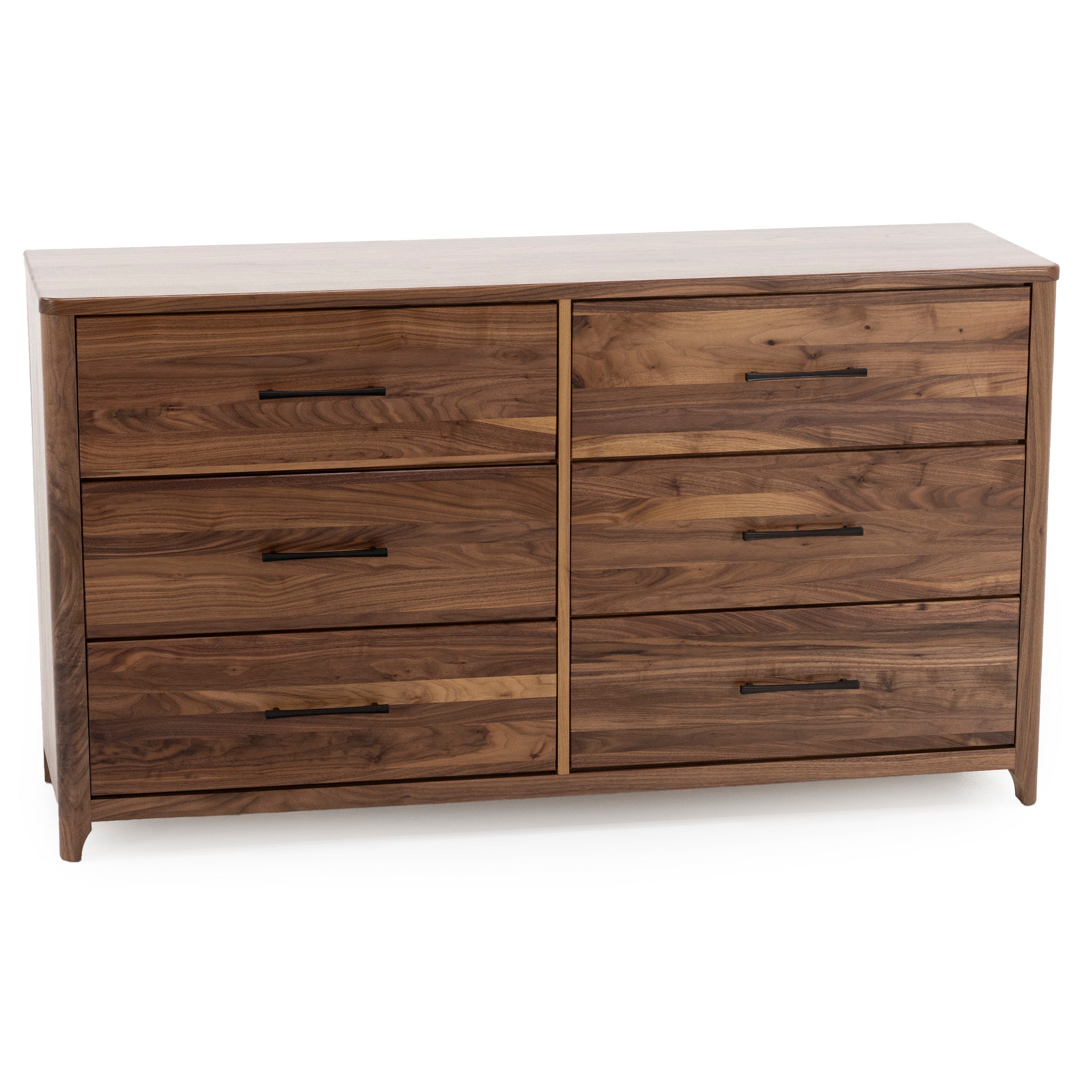 Modern six-drawer wood dresser with black handles.