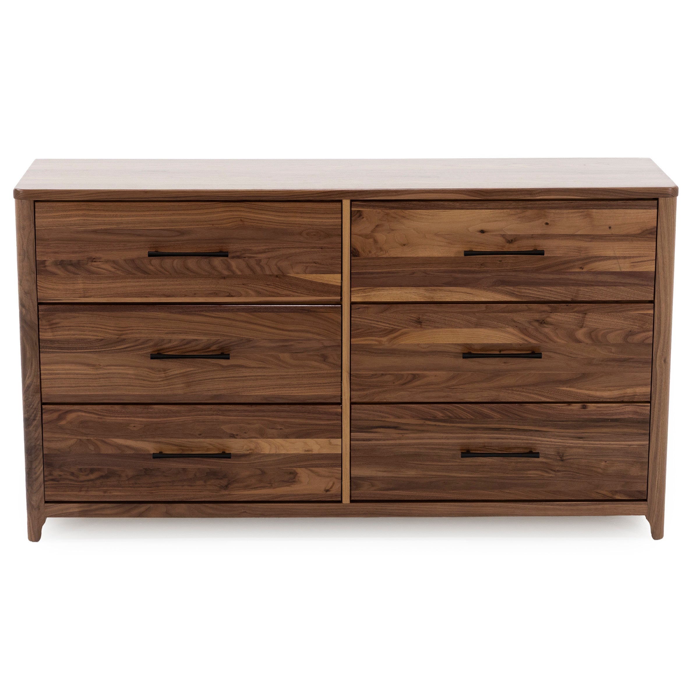 Six-drawer walnut dresser with black handles, modern and minimalist design.