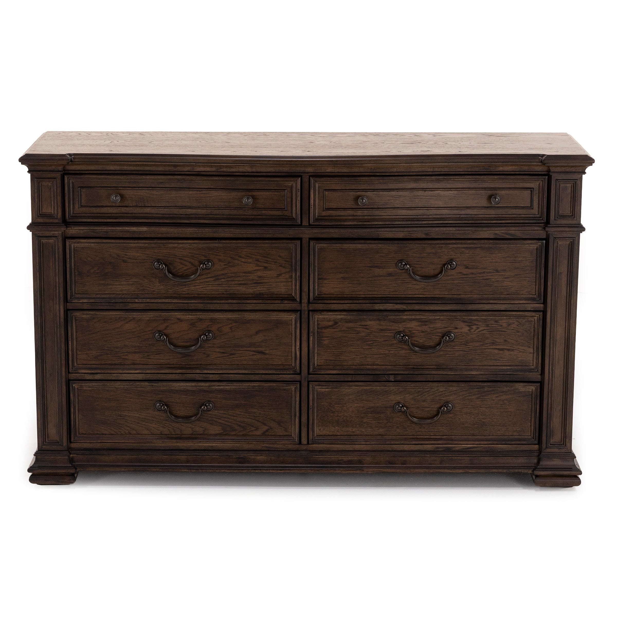 Dark wood dresser with eight drawers, traditional style.