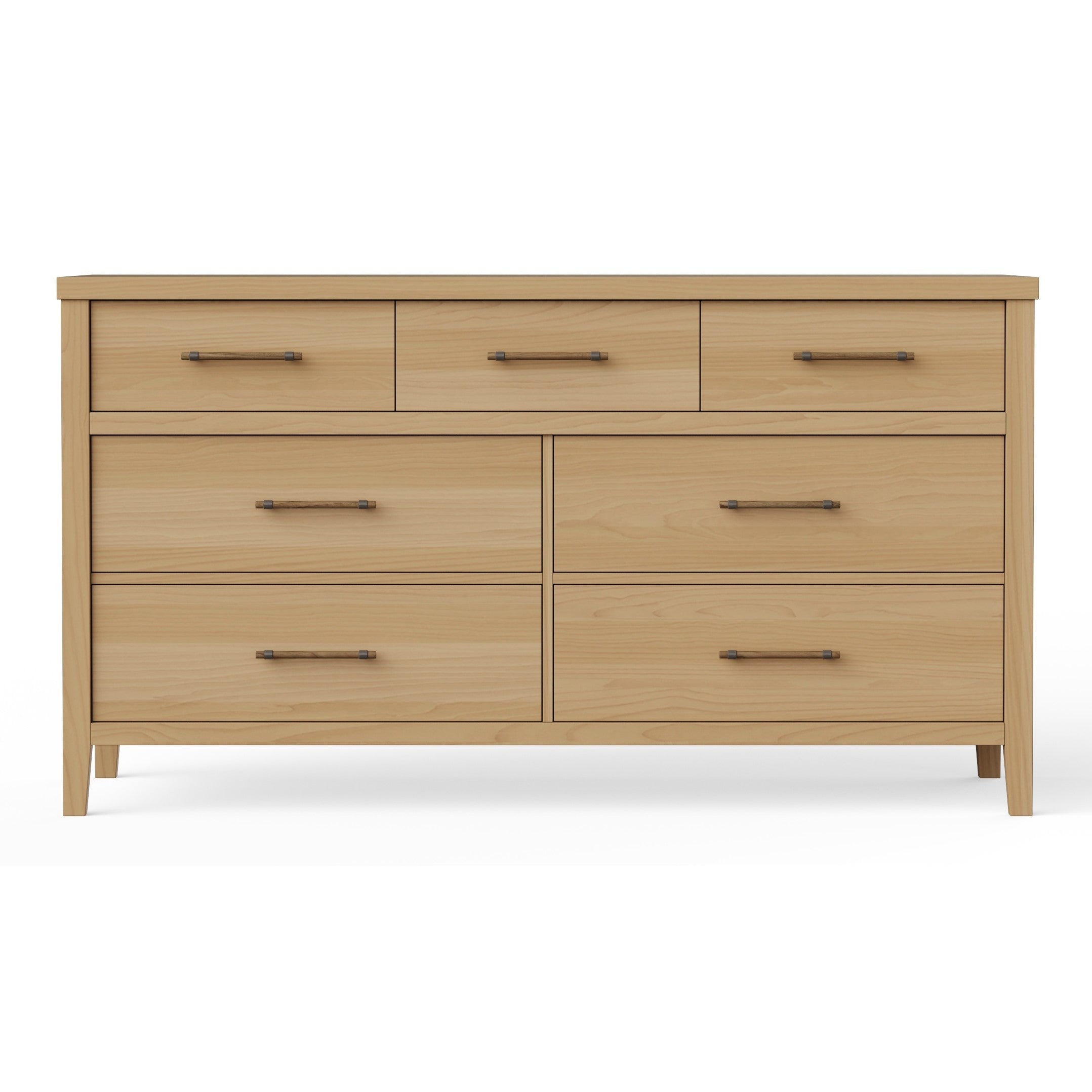 Natural wood dresser with six drawers and metal handles, shown against a white background.