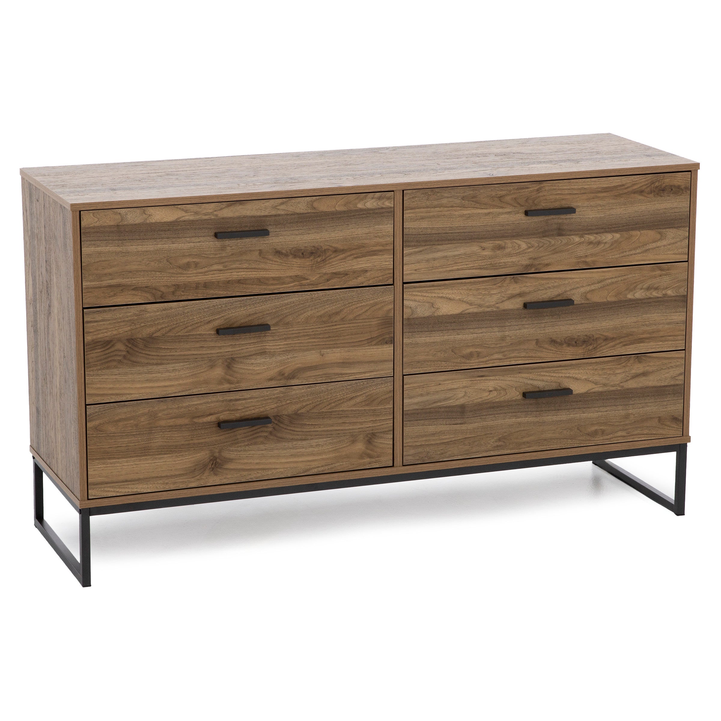 Modern six-drawer wood dresser with black metal base.