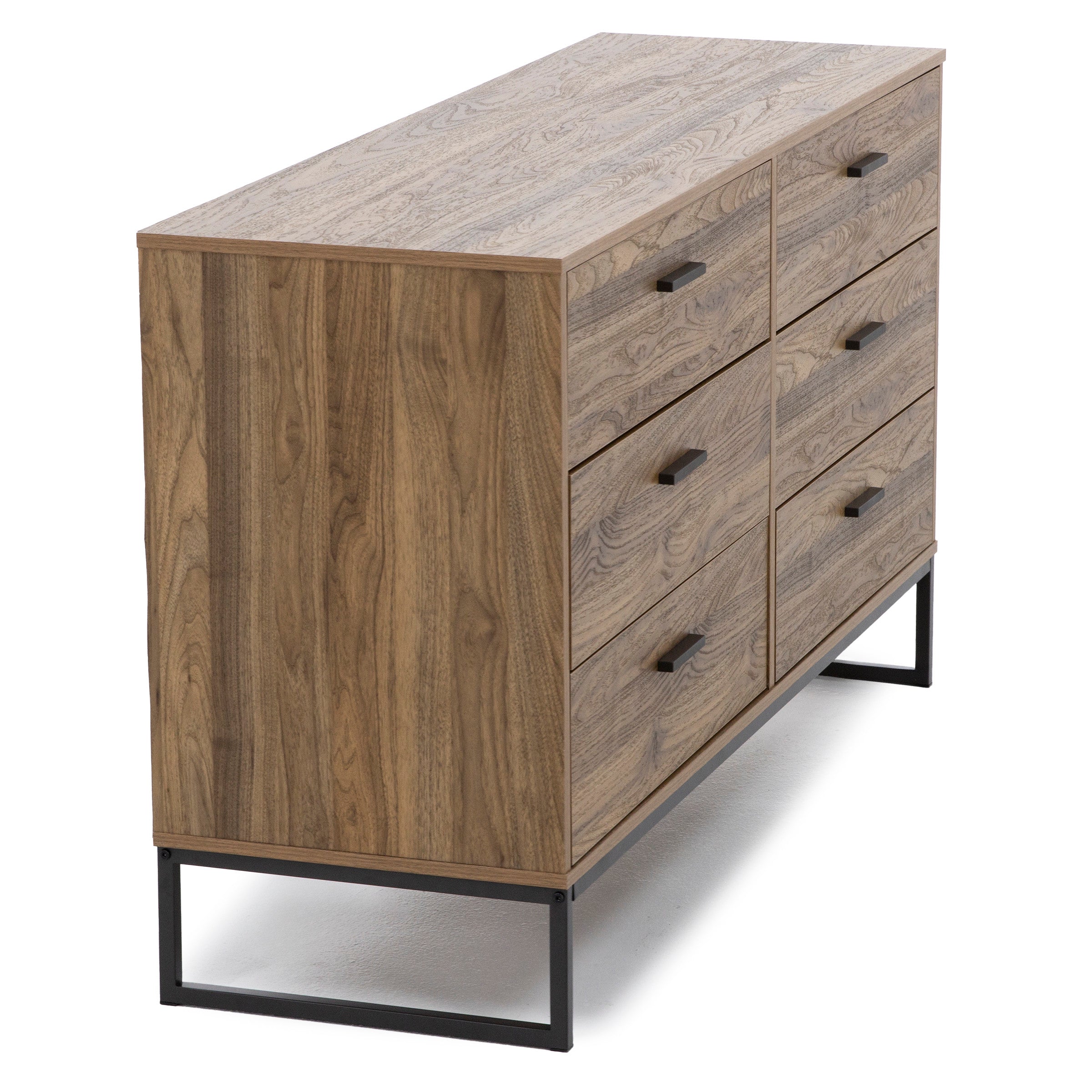 Modern wood dresser with six drawers and black metal base.