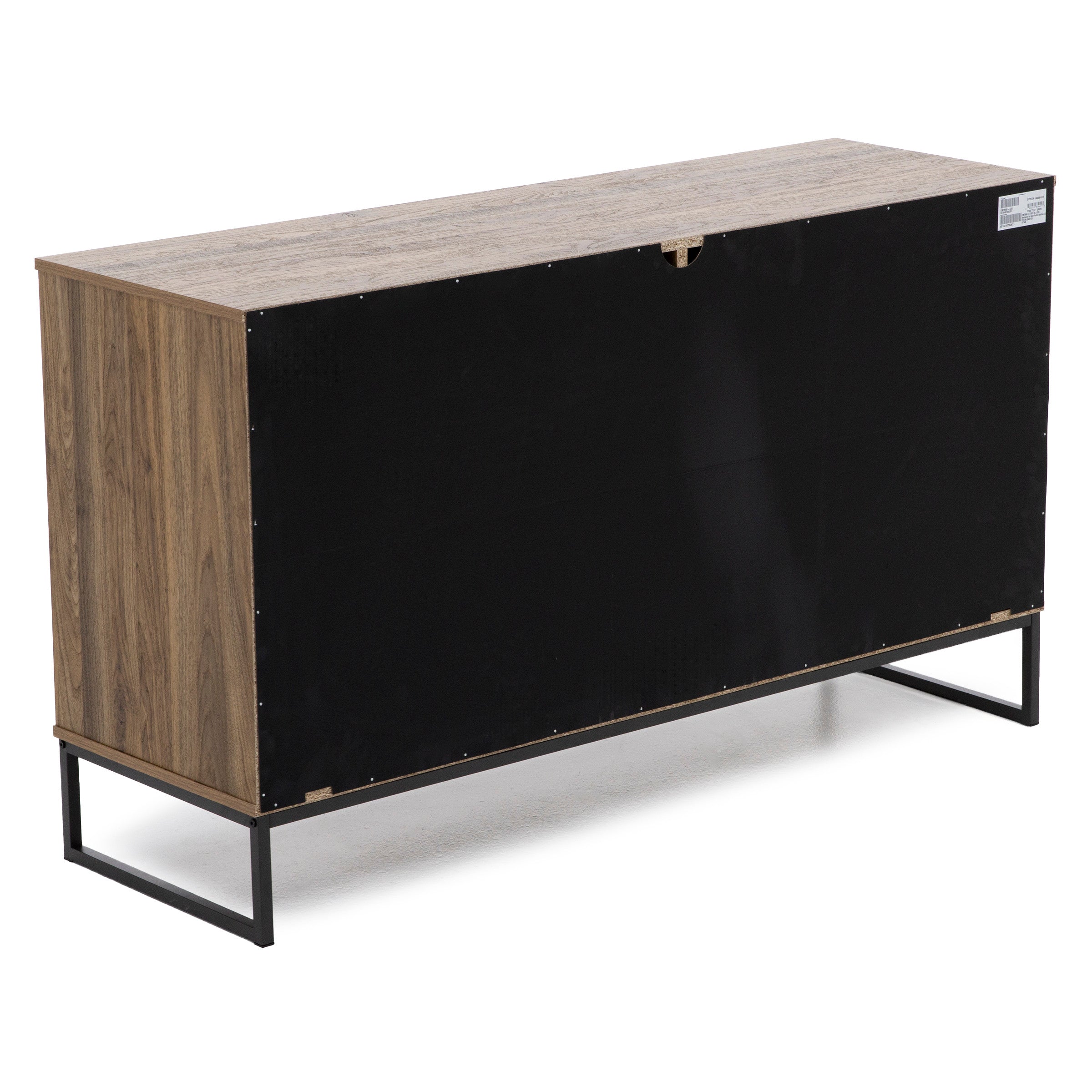 Back view of a wood console table with black panel and metal legs.
