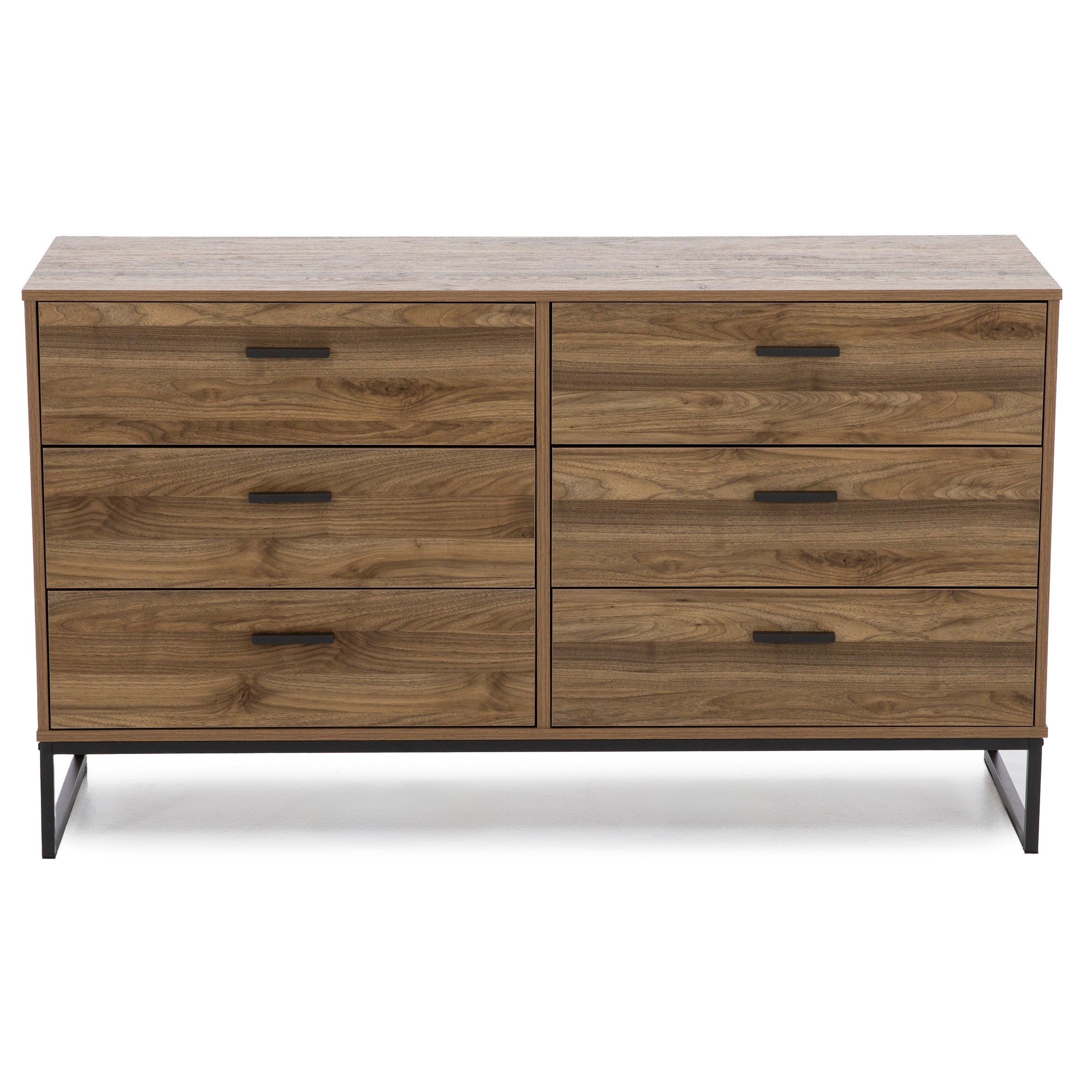 Wooden six-drawer dresser with metal handles and base.