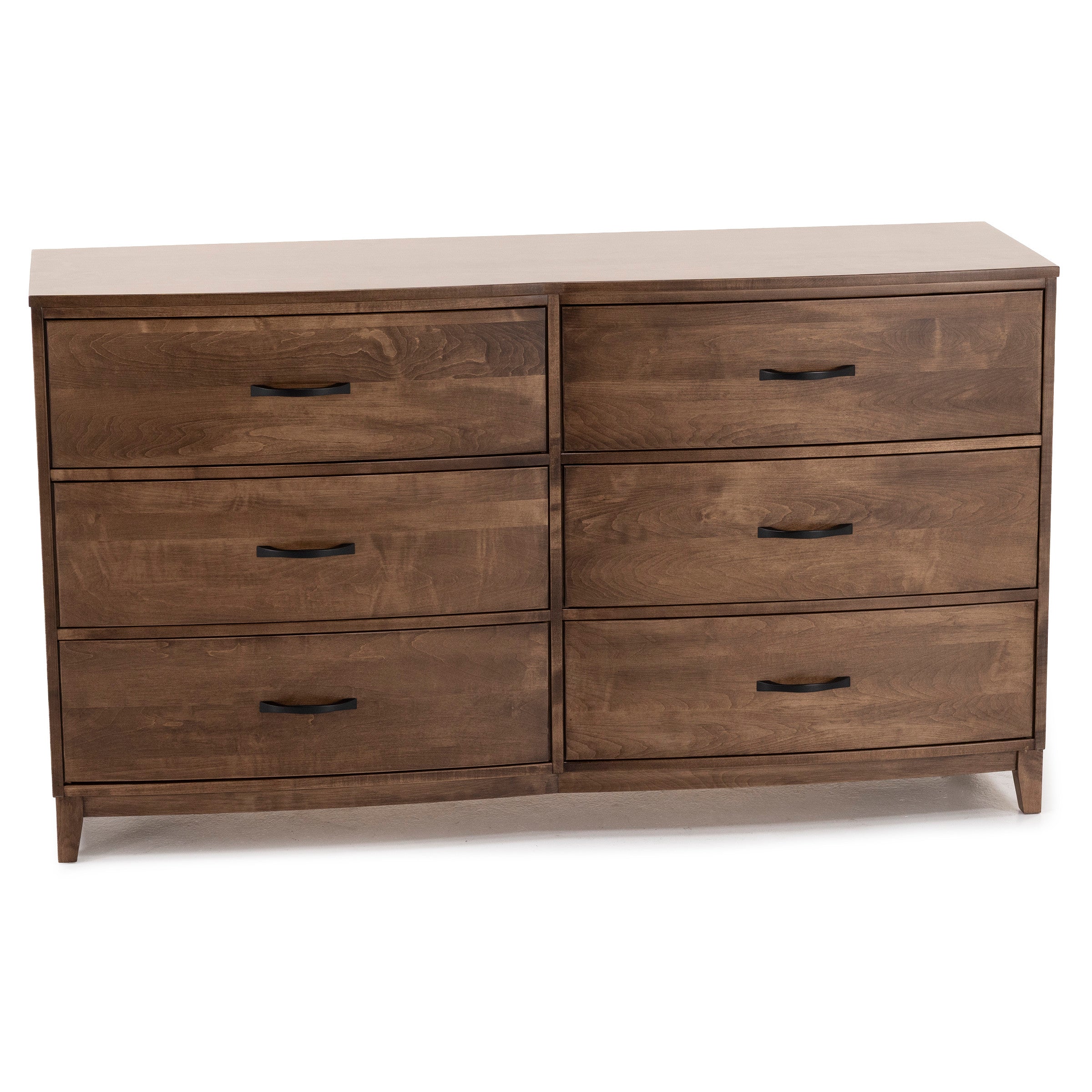 Six-drawer wooden dresser with black handles, shown against a white background.