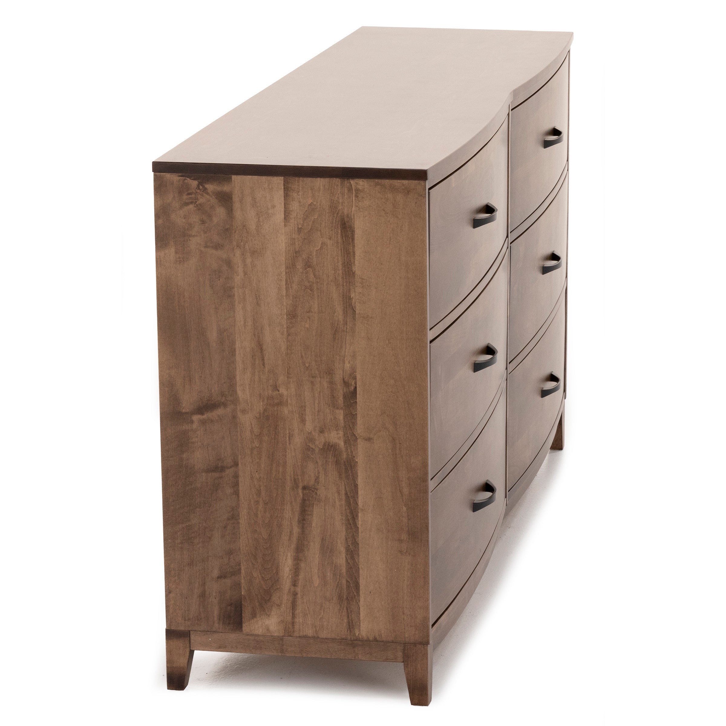 Side view of a wooden dresser with six drawers and curved front panels.
