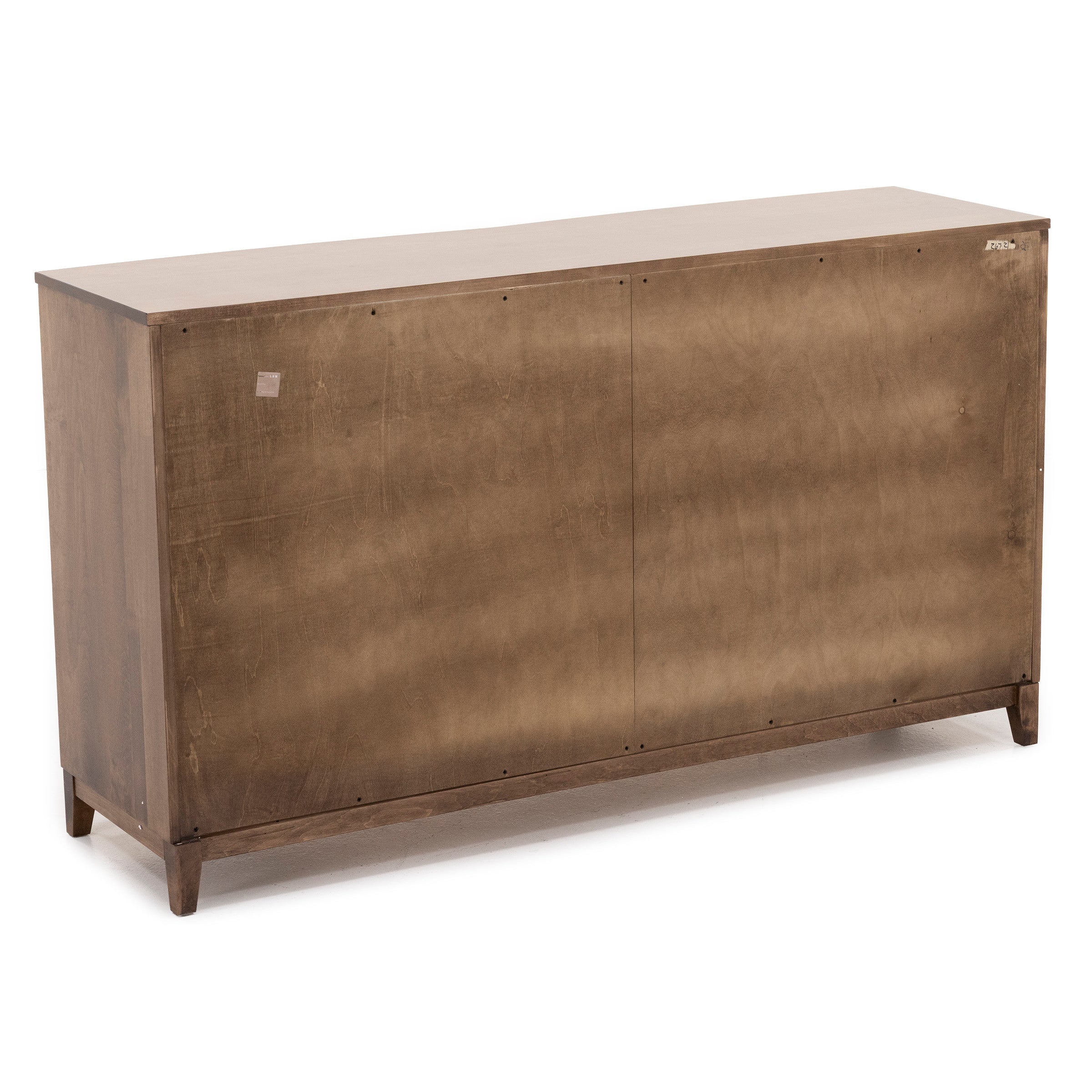 Back view of a wooden cabinet with a simple, flat design and four short legs.