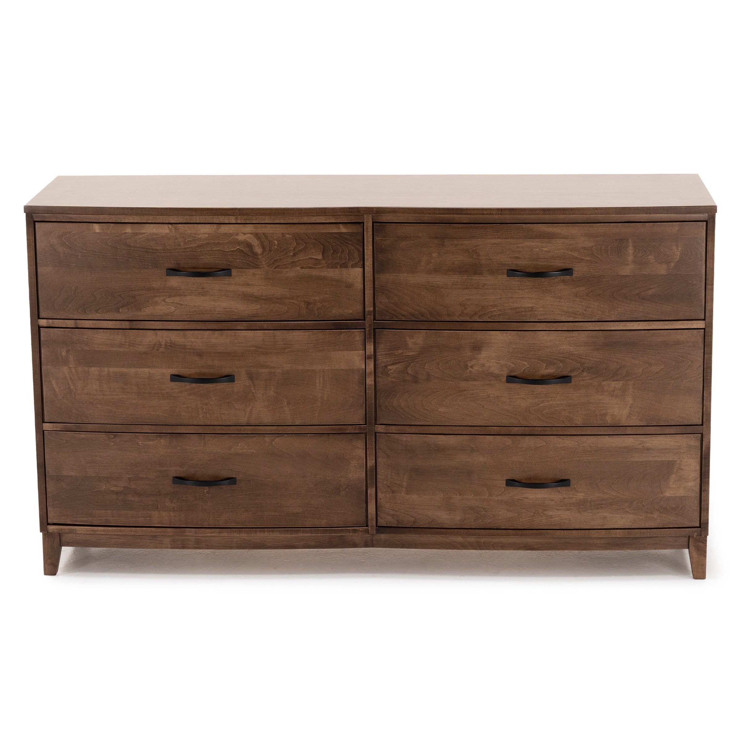 Six-drawer wooden dresser with black handles, shown from the front.
