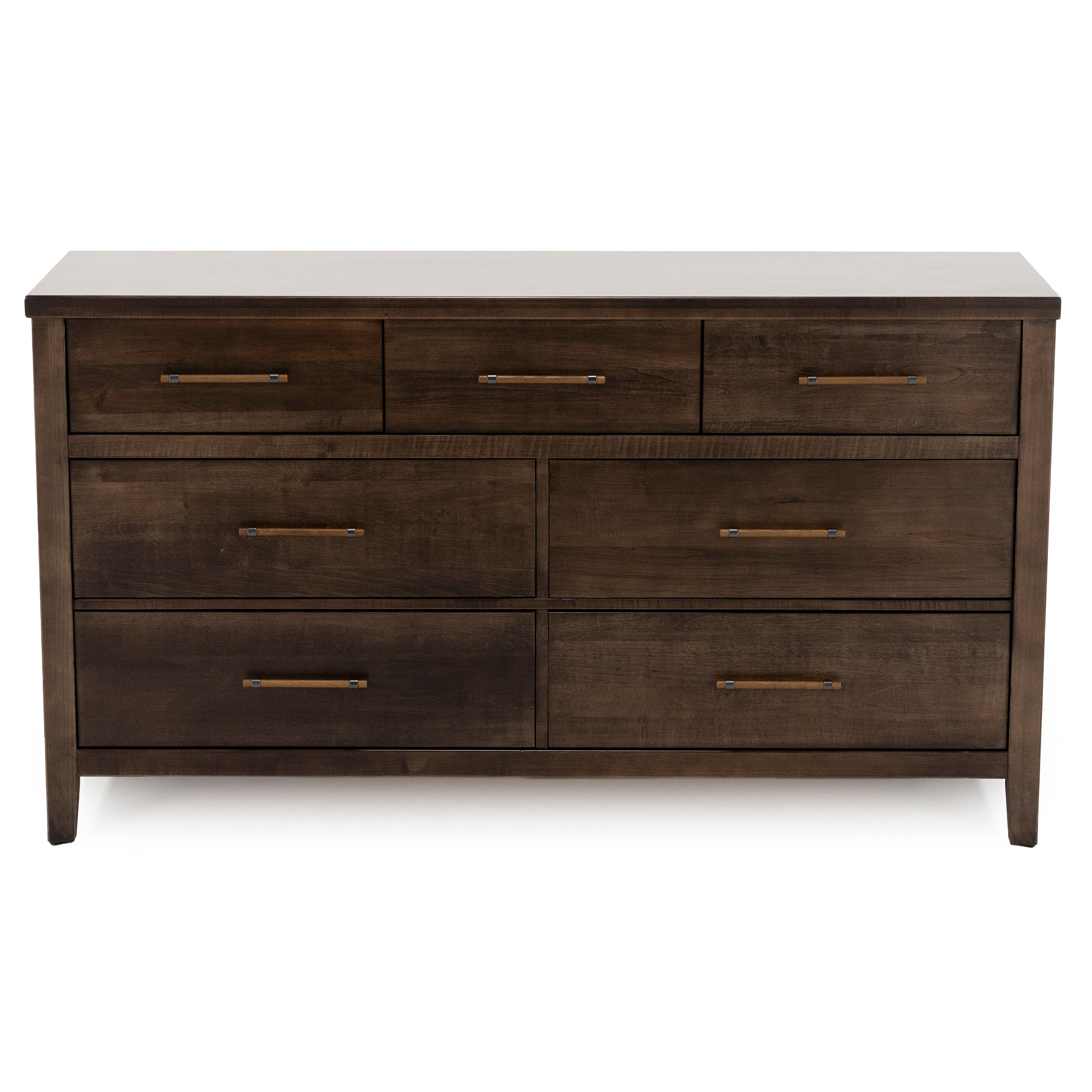 Dark wood dresser with seven drawers and simple metal handles.