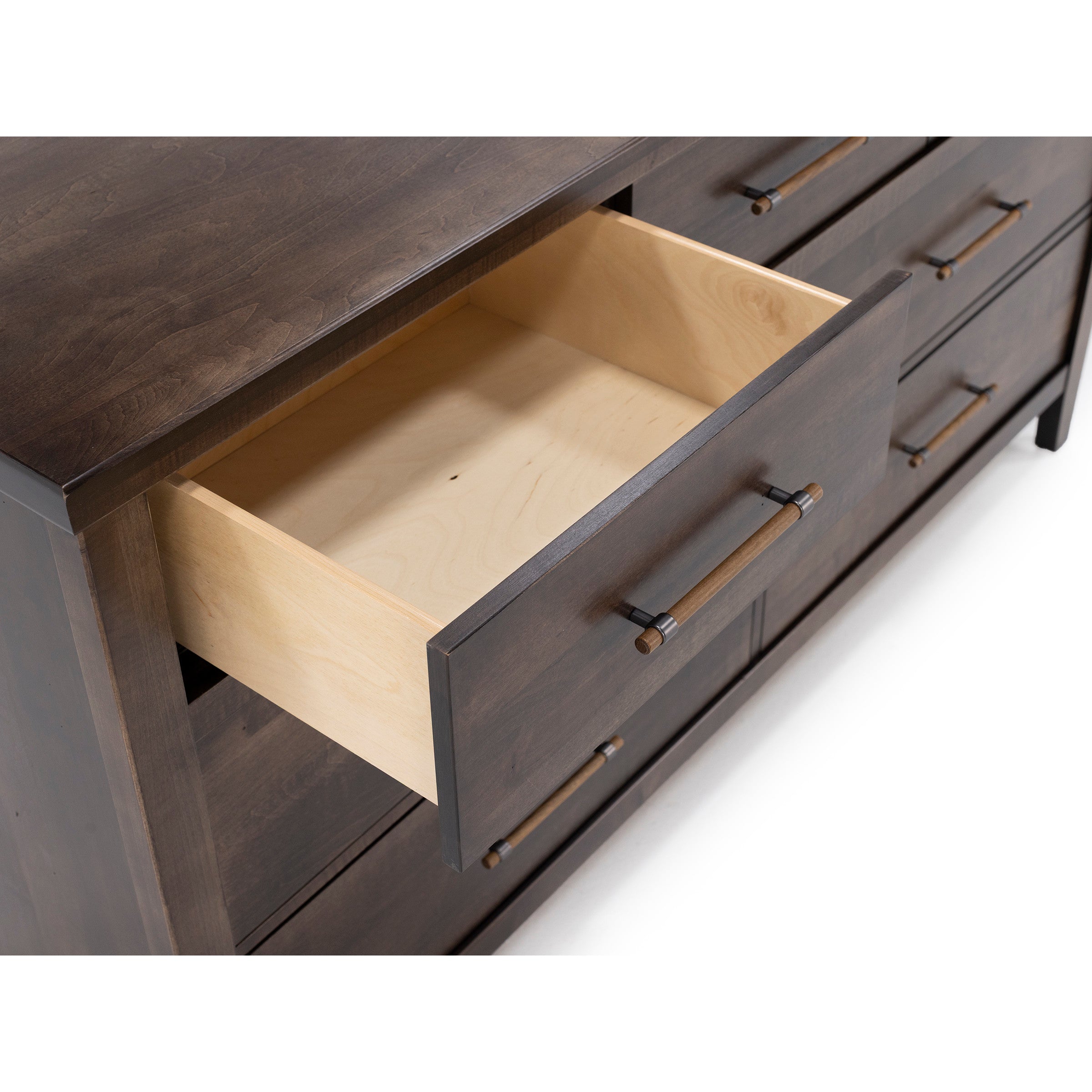 Dark wood dresser with an open drawer showing interior space.