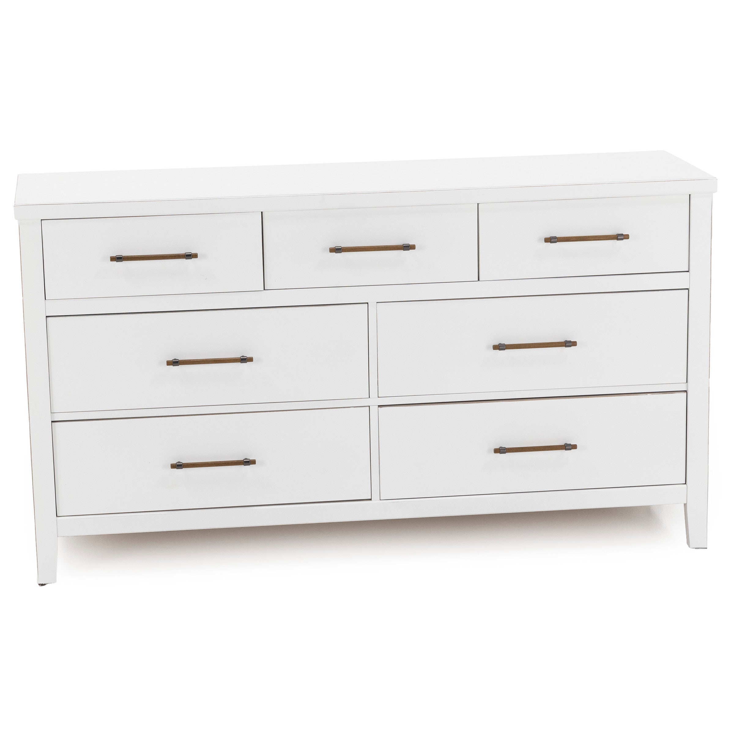 White dresser with six drawers and simple metal handles.