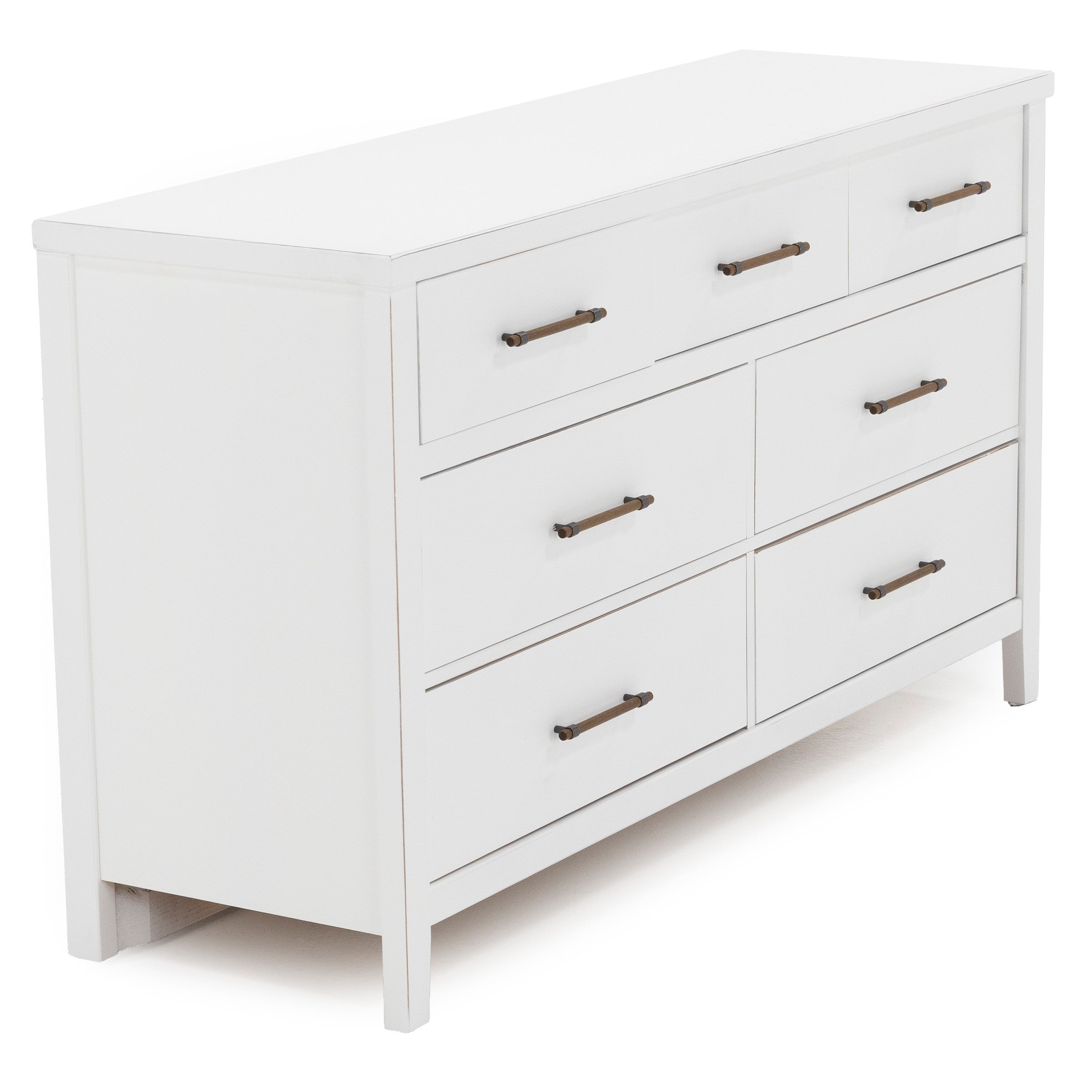 White wooden dresser with six drawers and metal handles, angled view.