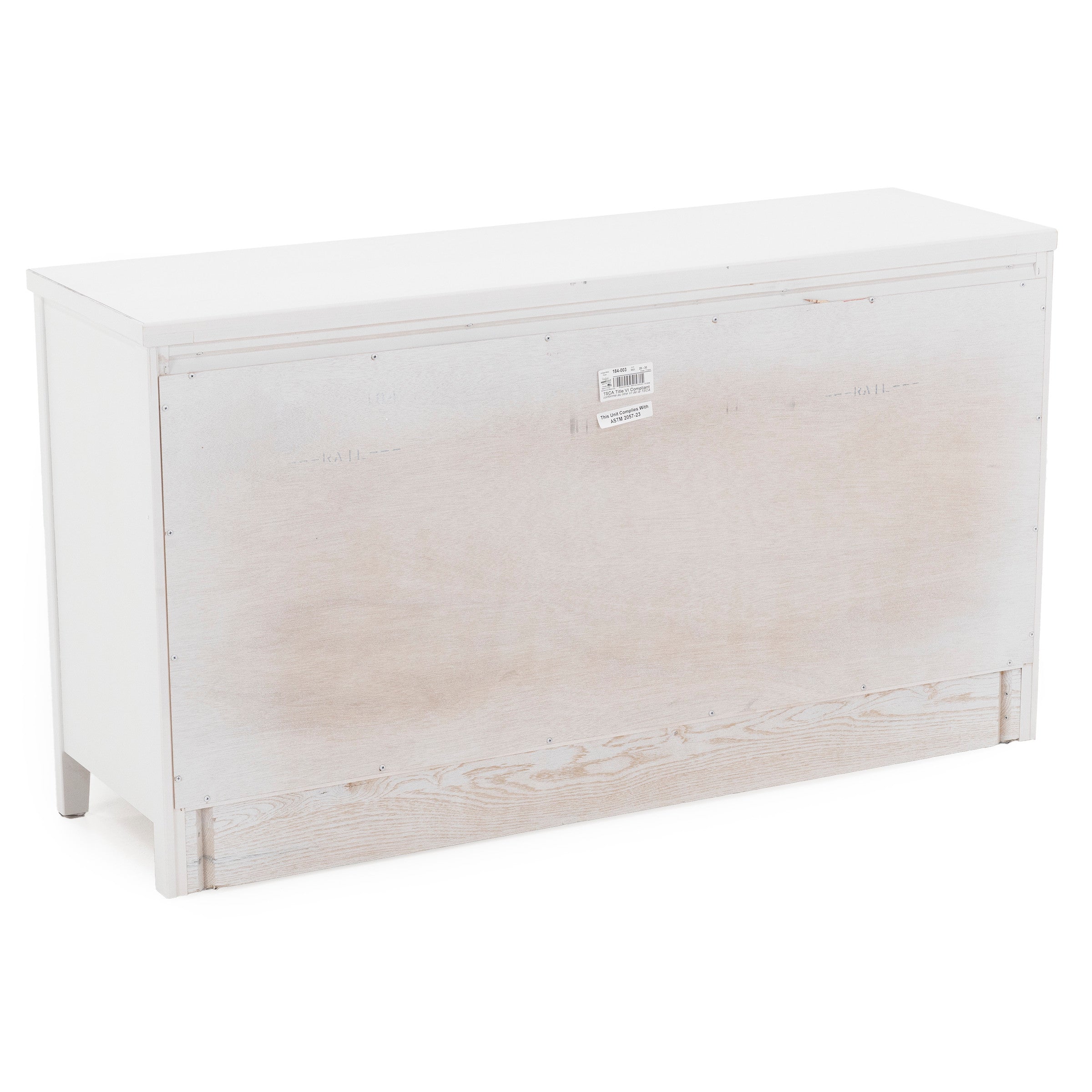 Back view of a white wooden storage bench with visible panel screws.