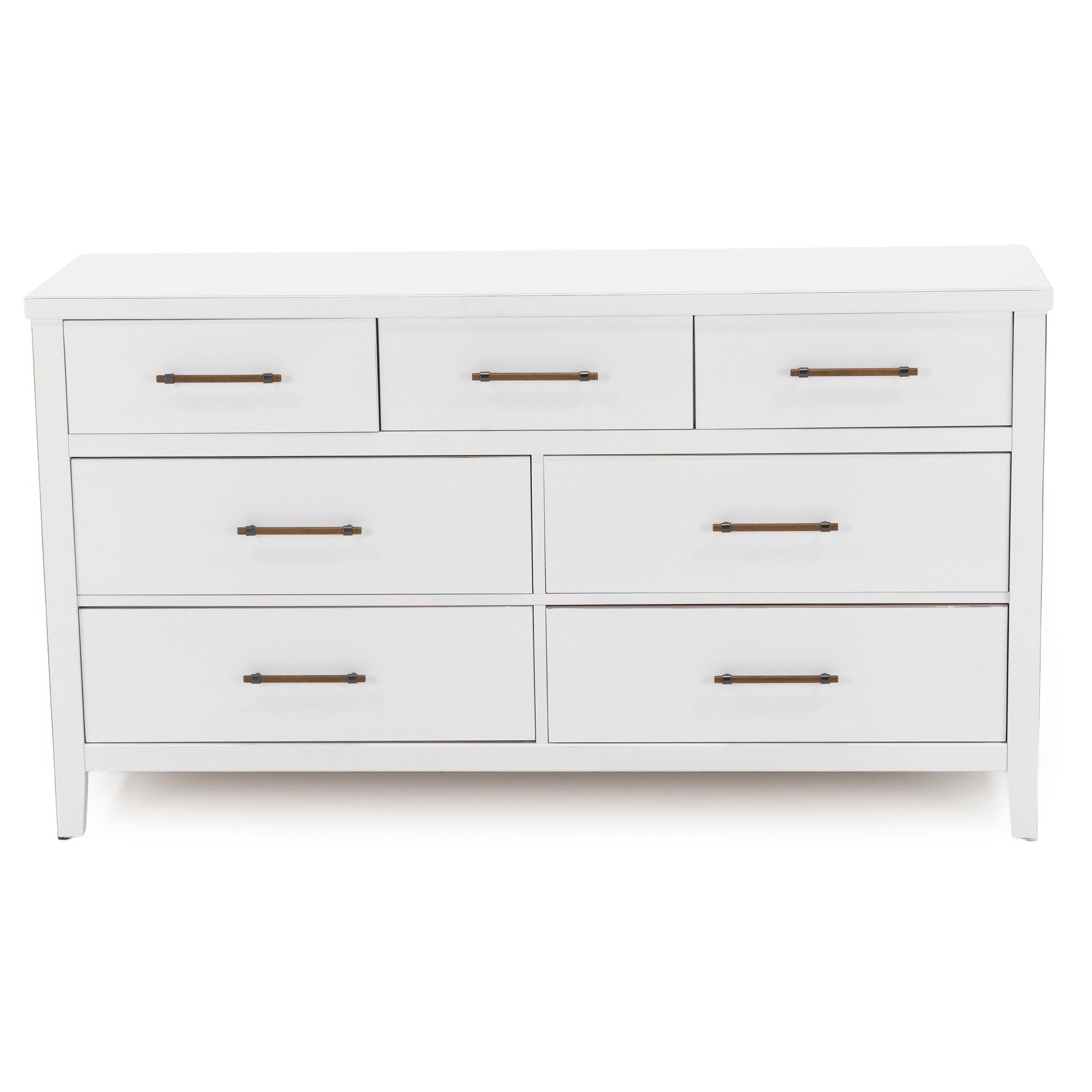 White dresser with six drawers and metal handles.