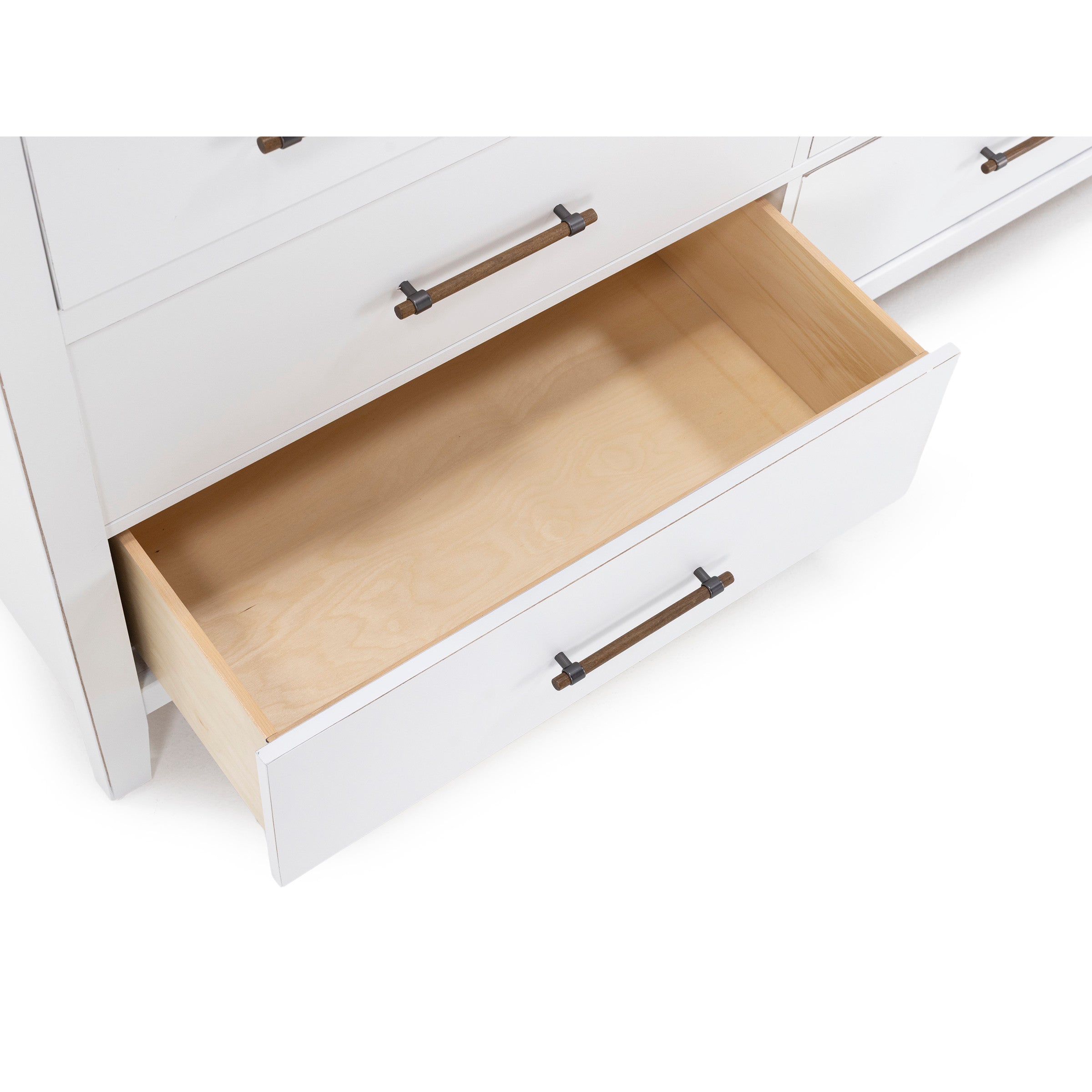 Open white dresser drawer with wood handle.