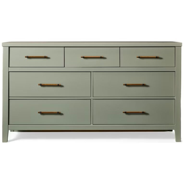 Green dresser with seven drawers and bronze handles.