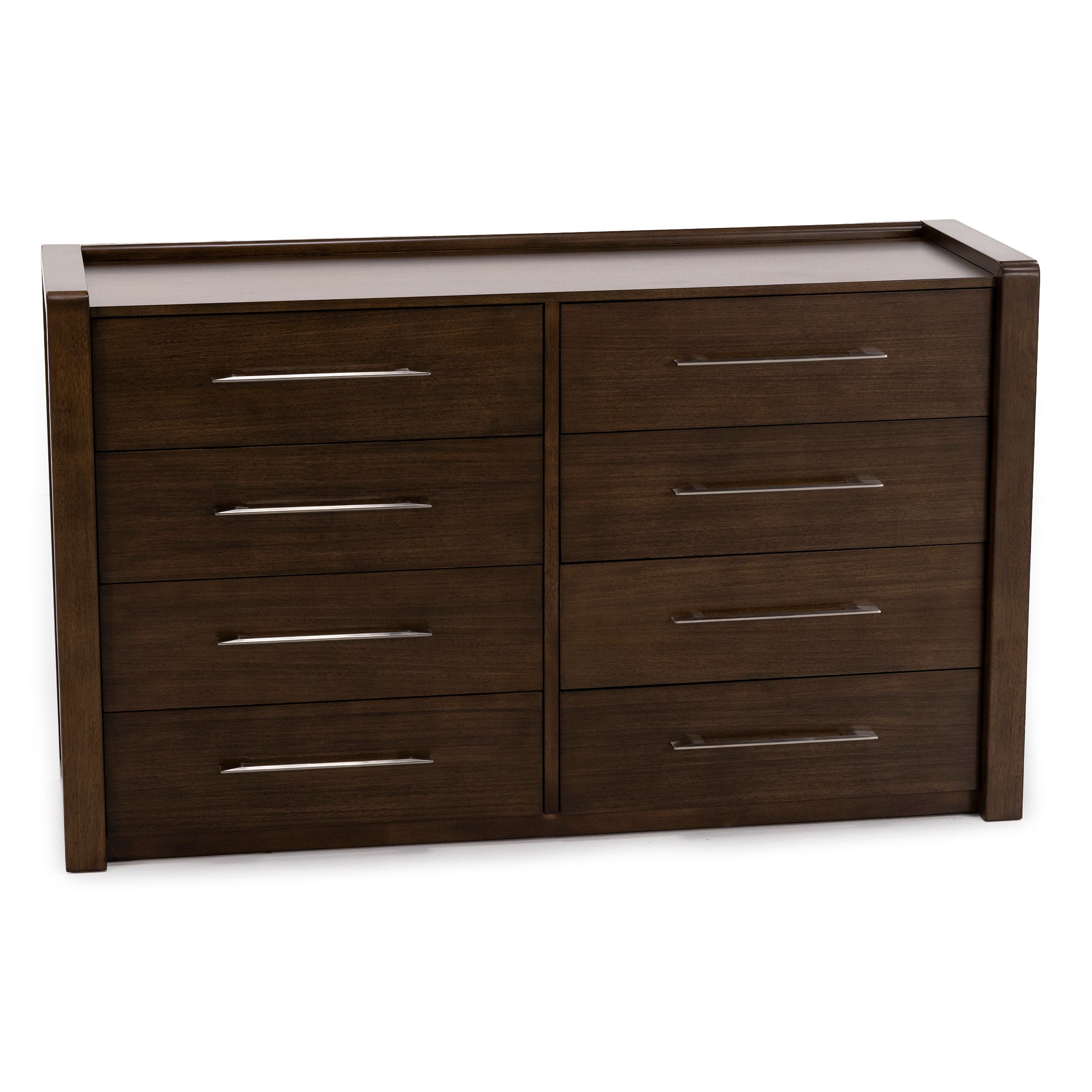 Dark wood dresser with eight drawers and metal handles.