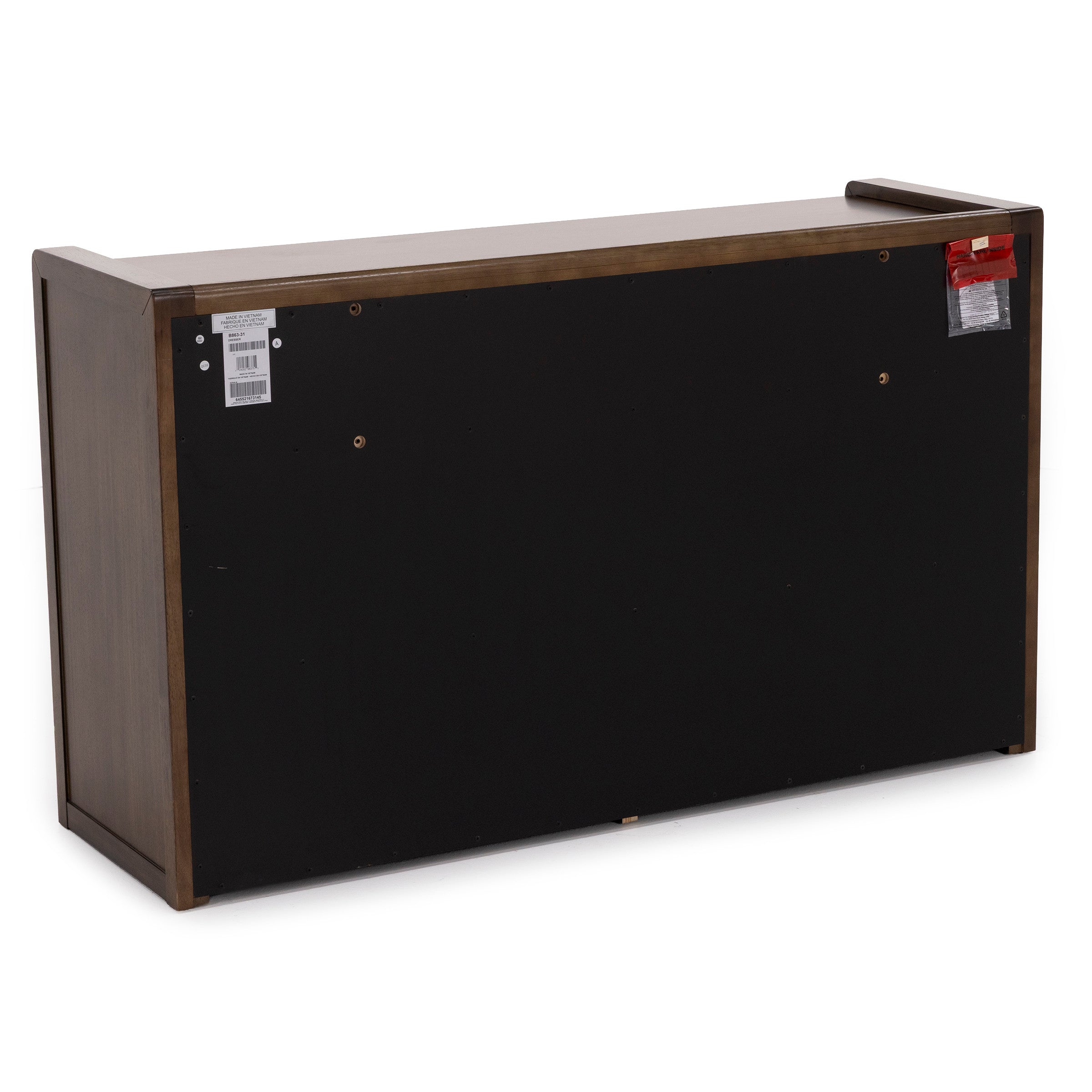 Back view of a wooden cabinet with dark panel and labels visible.