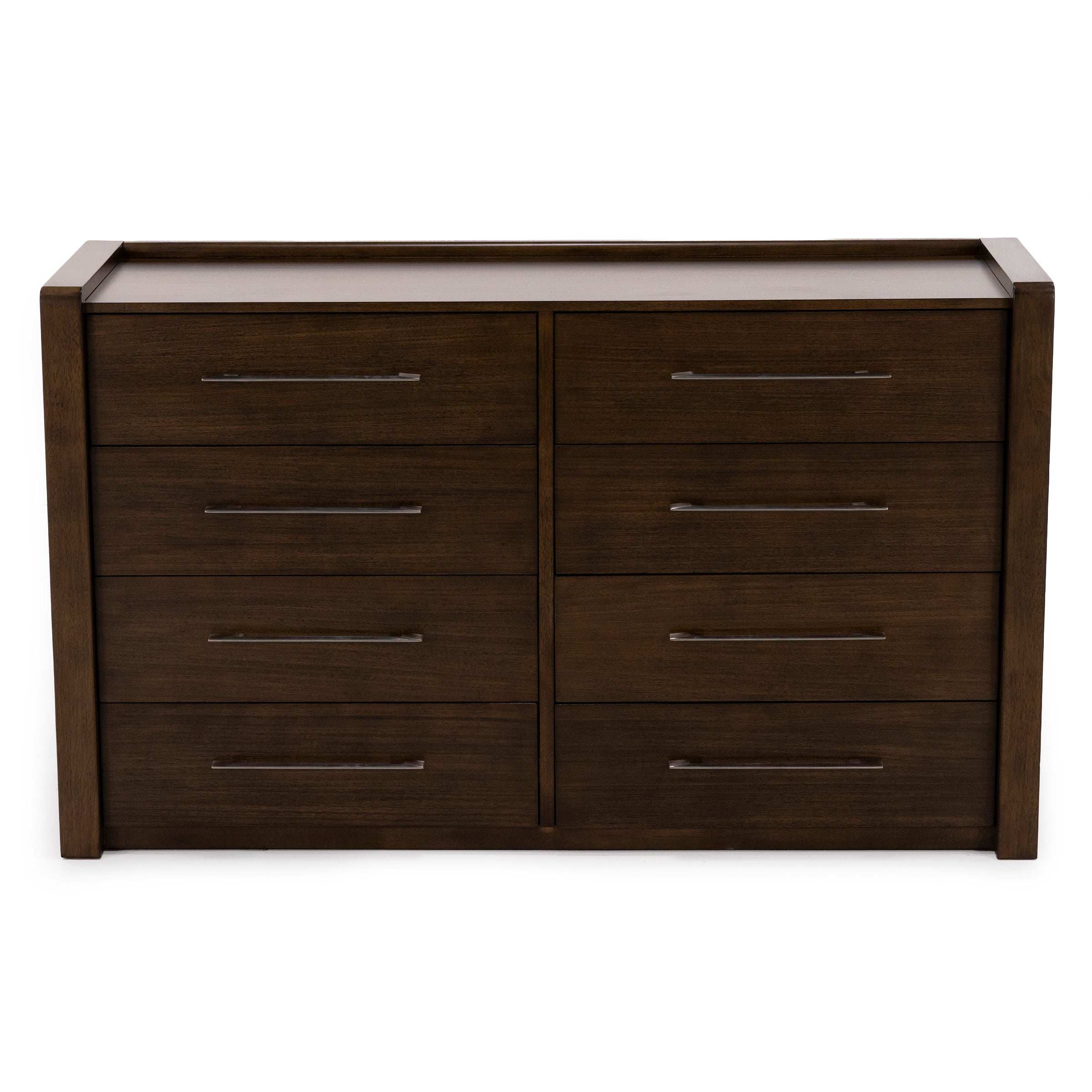 Dark wood dresser with eight drawers and modern metal handles.