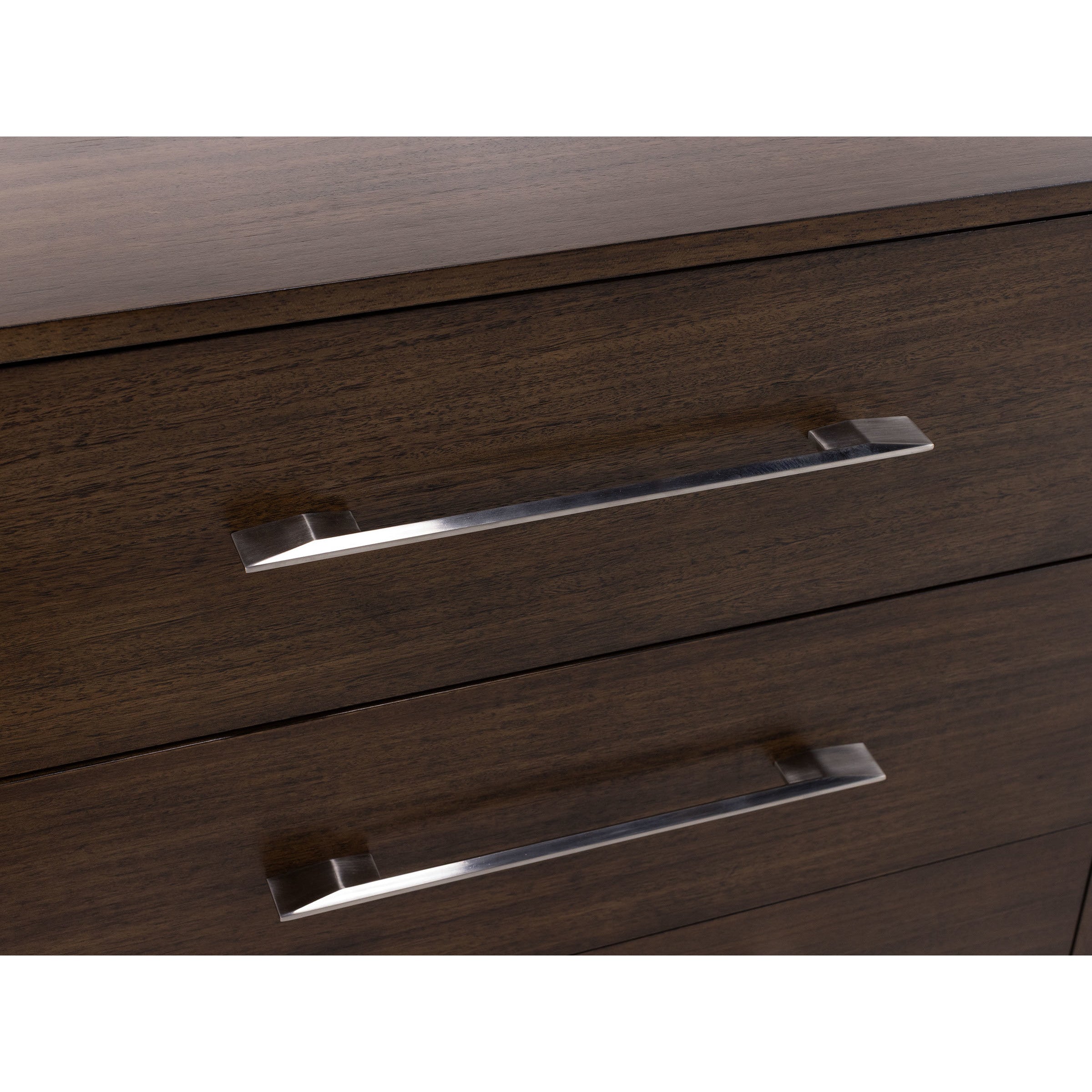 Close-up of two dark wood drawers with modern metal handles.