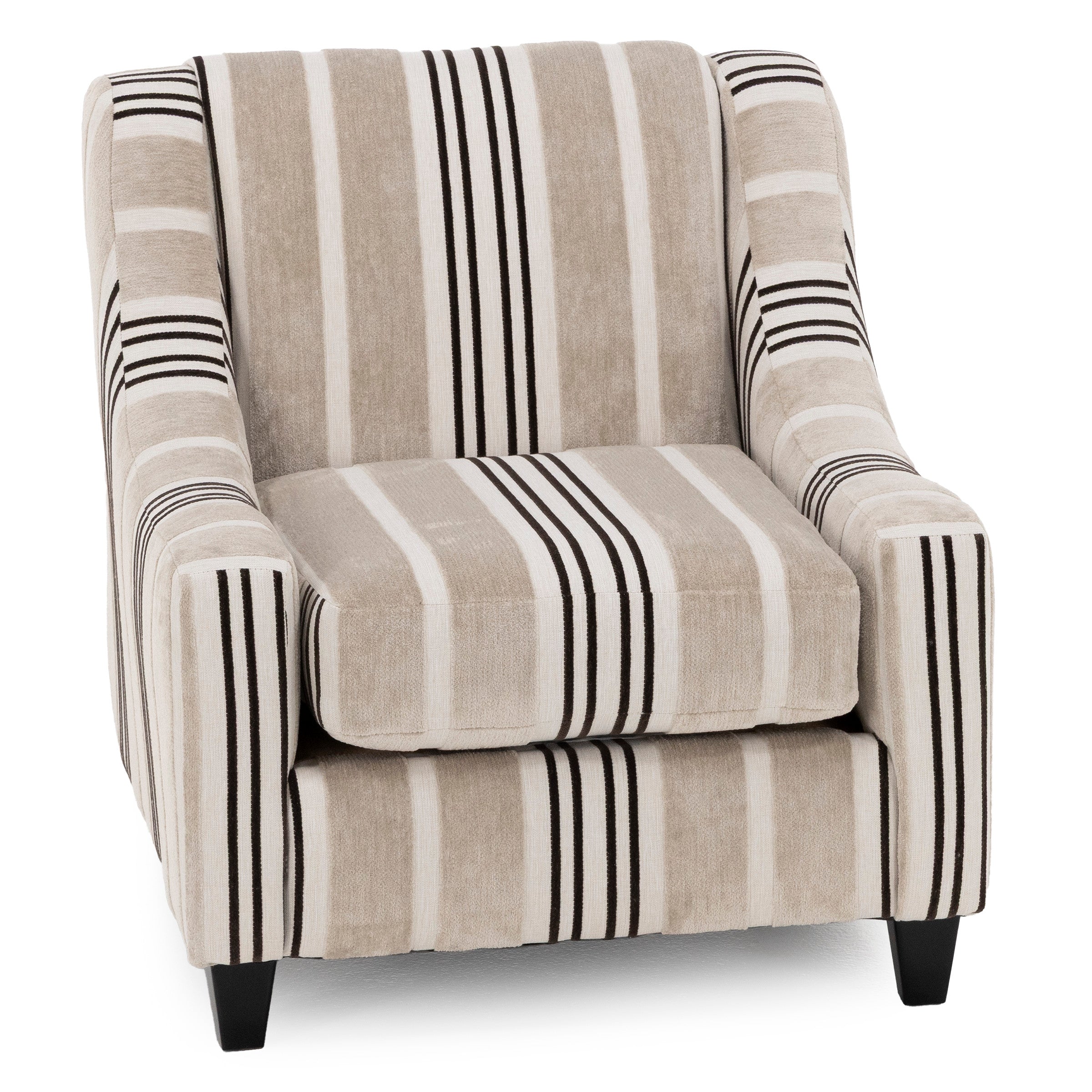 Beige armchair with black and white vertical and horizontal stripes, upholstered and cushioned.
