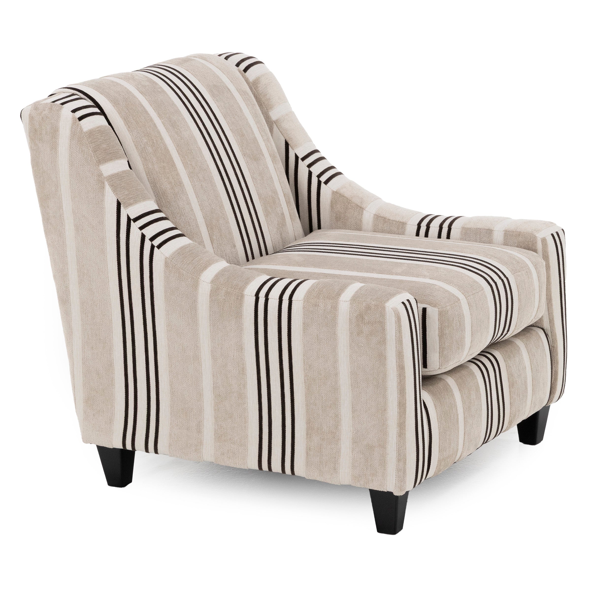 Beige accent chair with black and white vertical stripes, angled view.