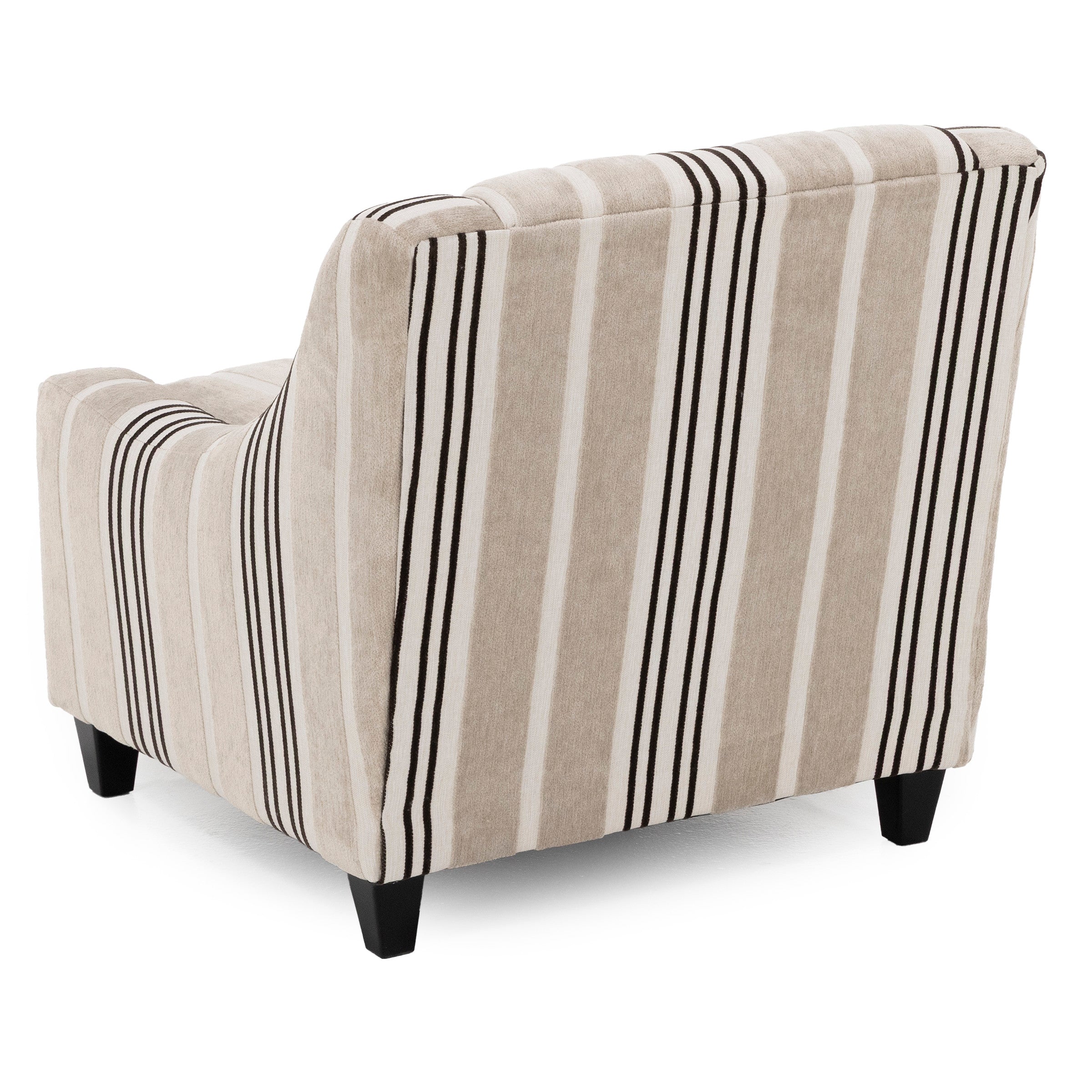 Back view of beige accent chair with black and white vertical stripes.