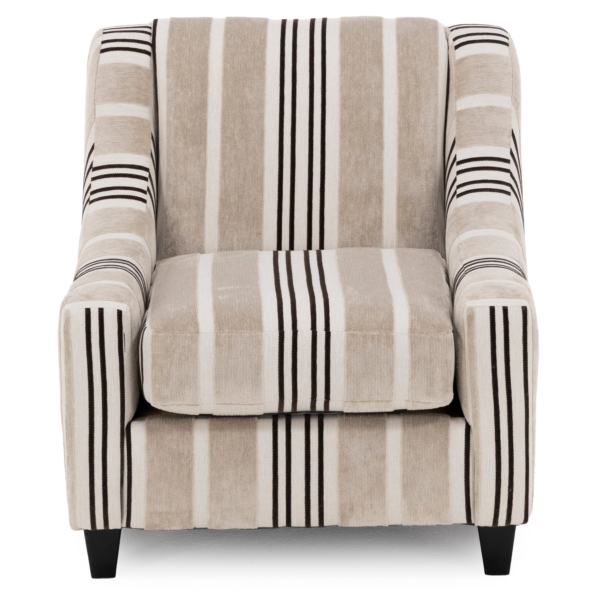 Beige and white armchair with bold vertical and horizontal stripes, front view.