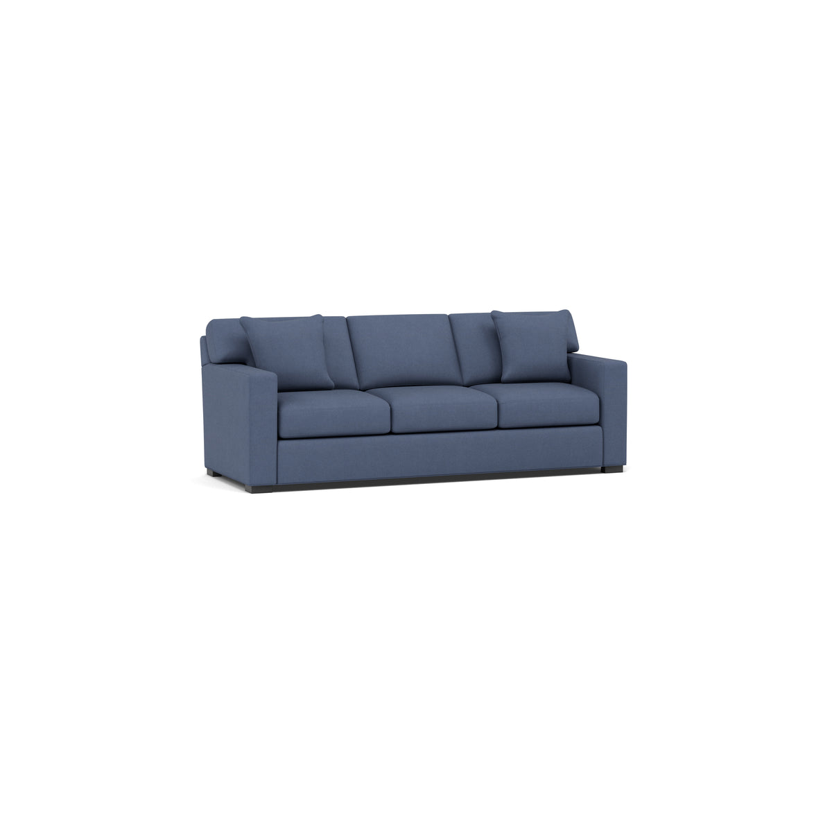 Navy blue three-seat sofa with square arms and loose back cushions.