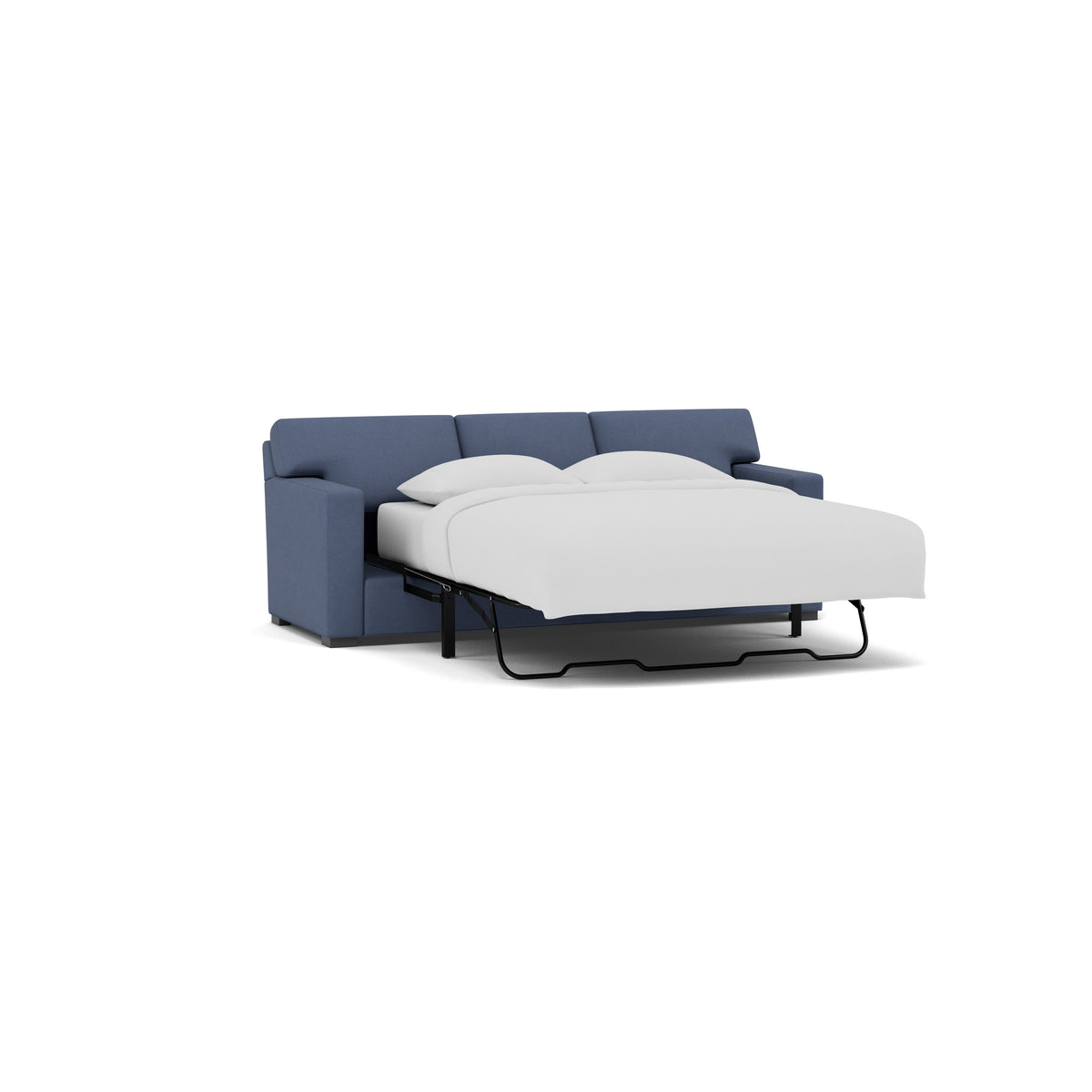 Blue sofa sleeper with open bed and white bedding.