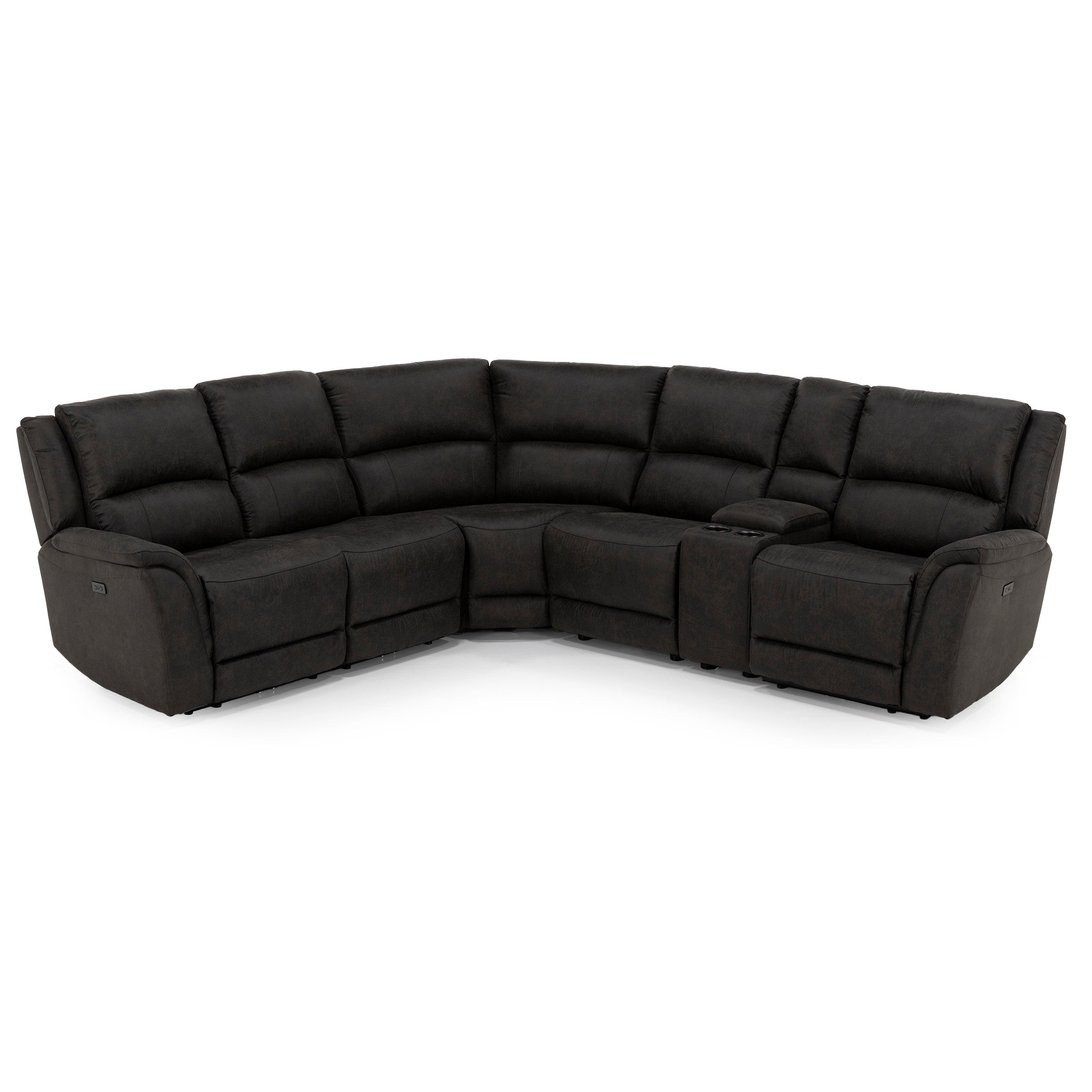 Large dark sectional sofa with padded seats and a console with cup holders.