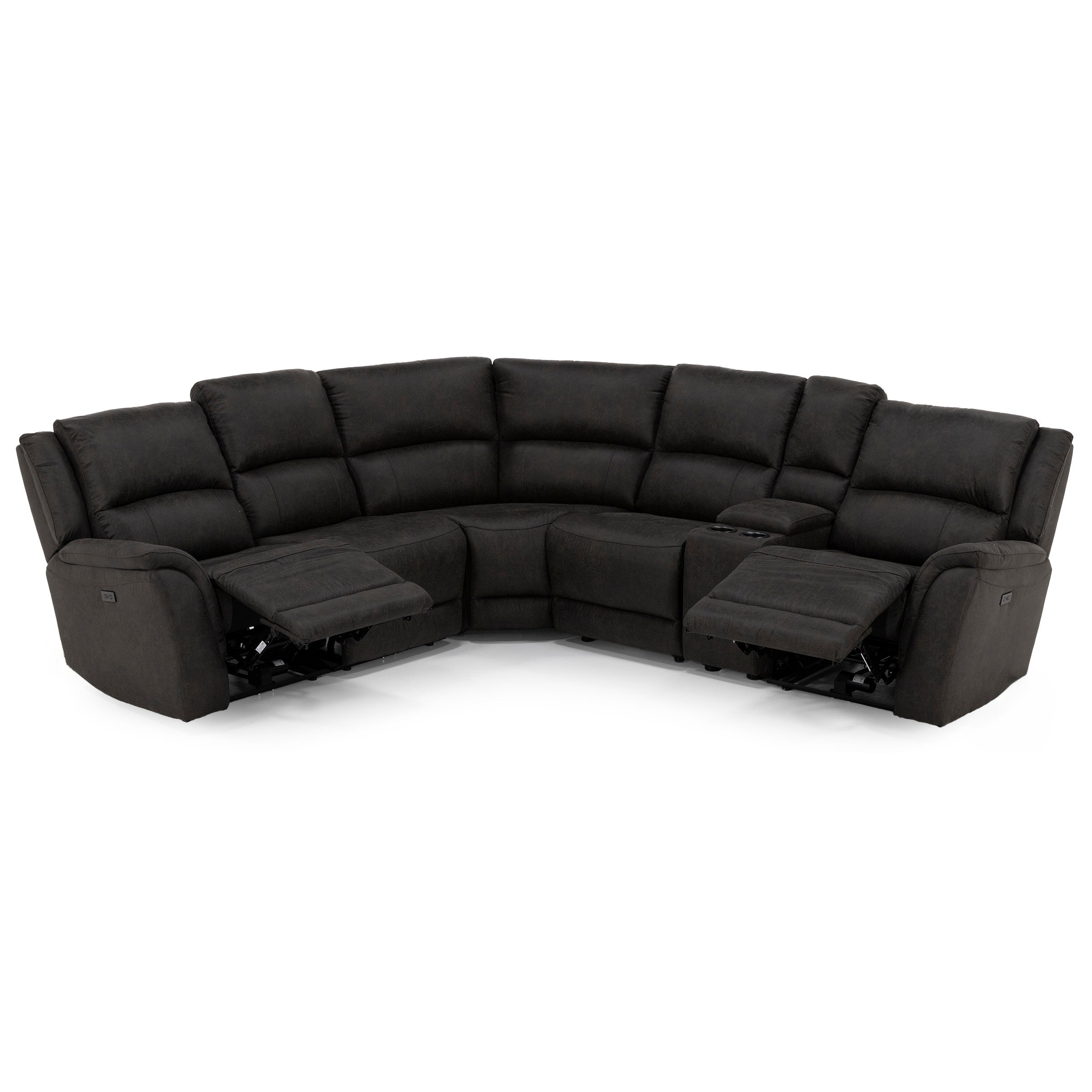Large dark gray sectional sofa with recliners and cupholders.
