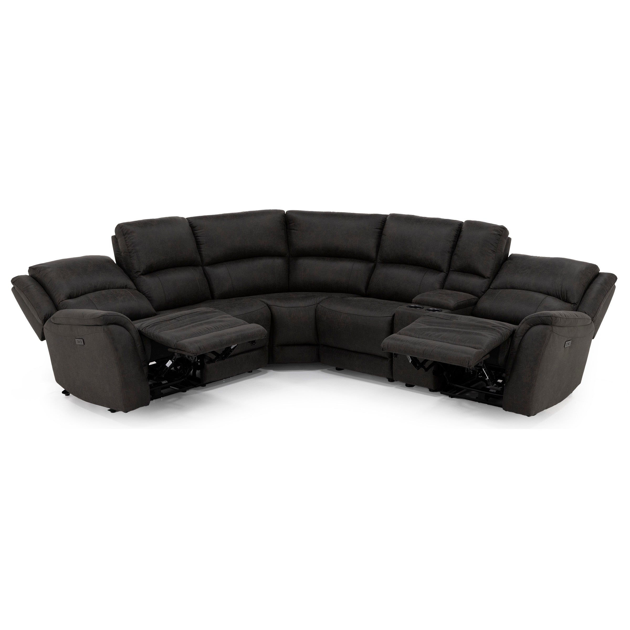 Dark gray reclining sectional sofa with plush cushions and cupholder console.