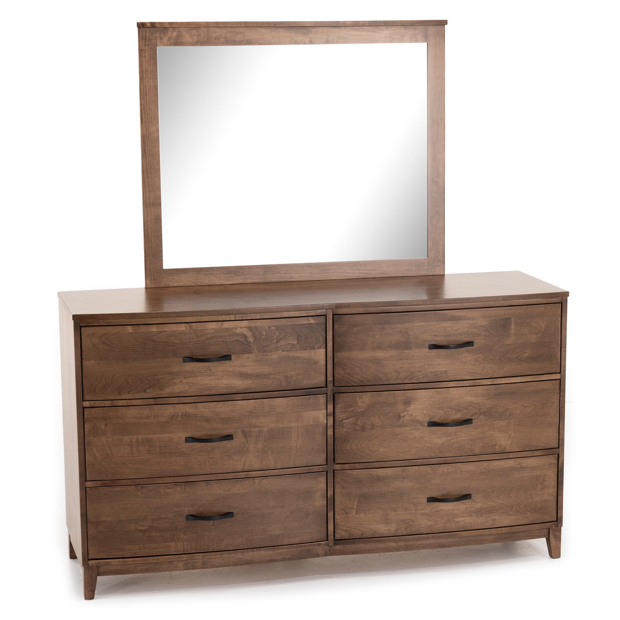 Wooden dresser with six drawers and attached rectangular mirror.