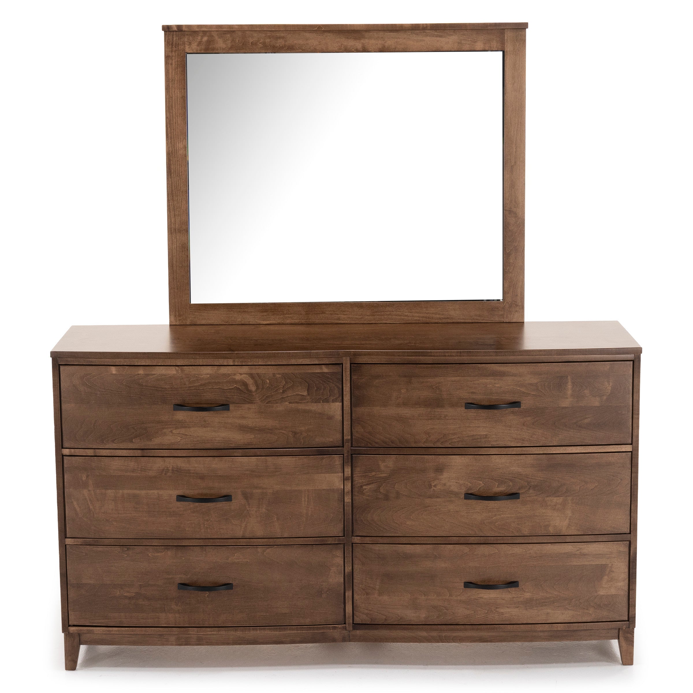 Wood dresser with six drawers and attached large mirror.