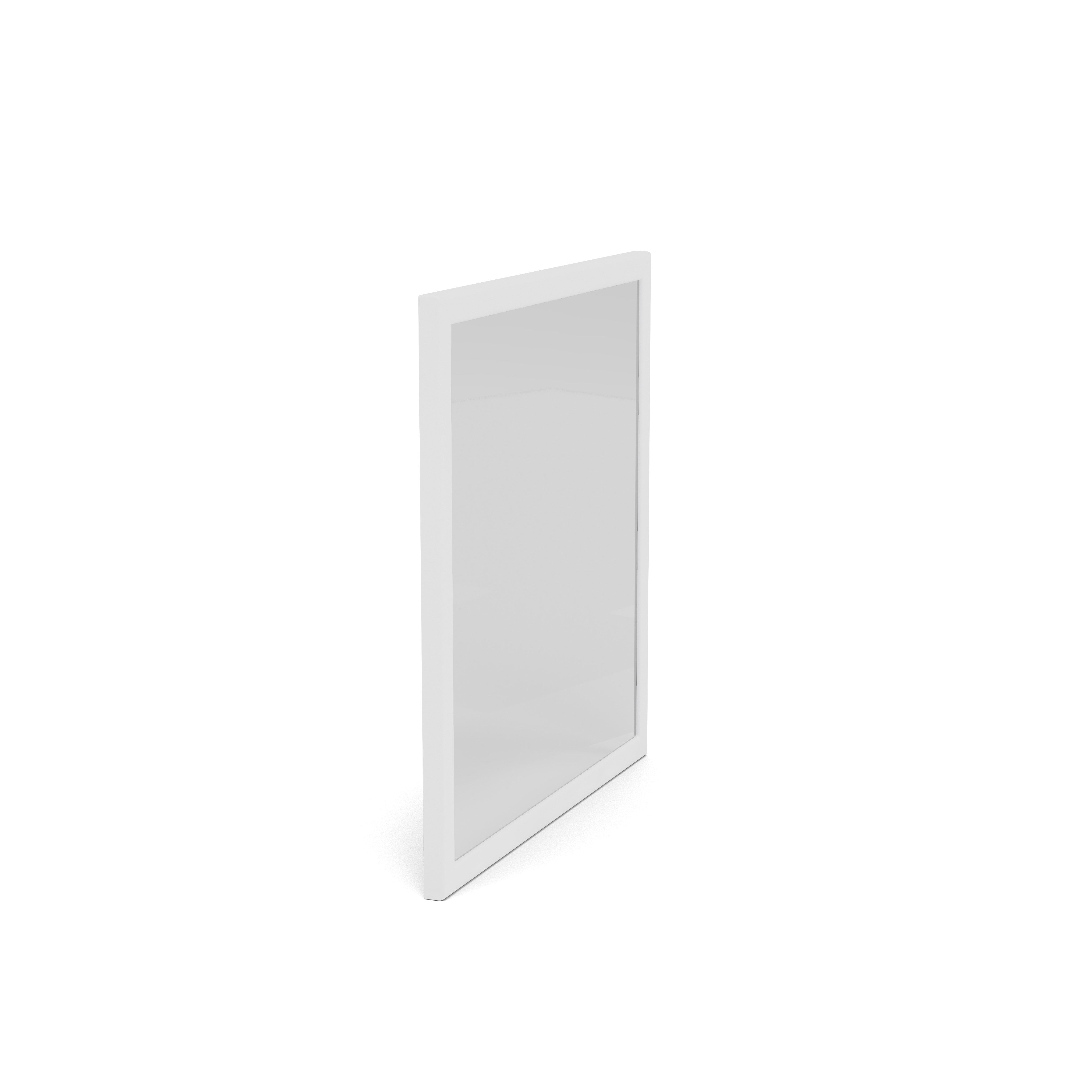 Angled view of a rectangular mirror with a white frame on a white background.