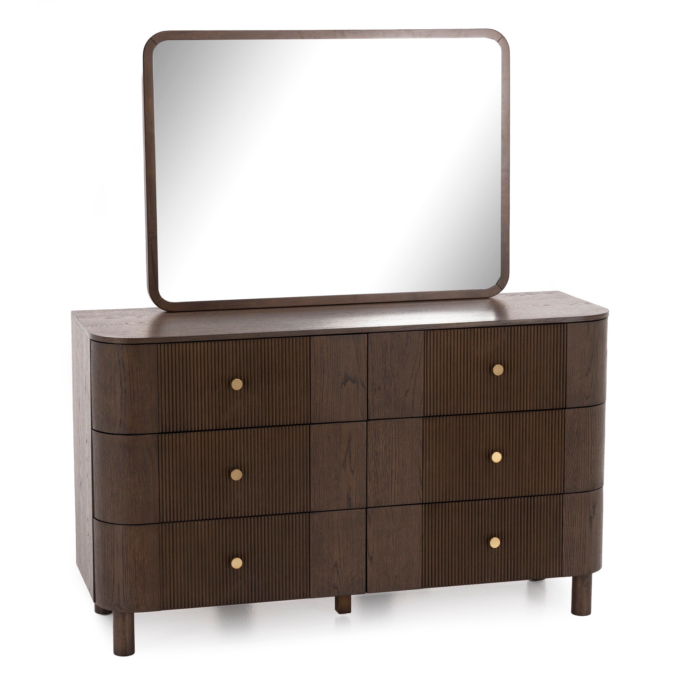 Dark wood dresser with six drawers and attached rectangular mirror.
