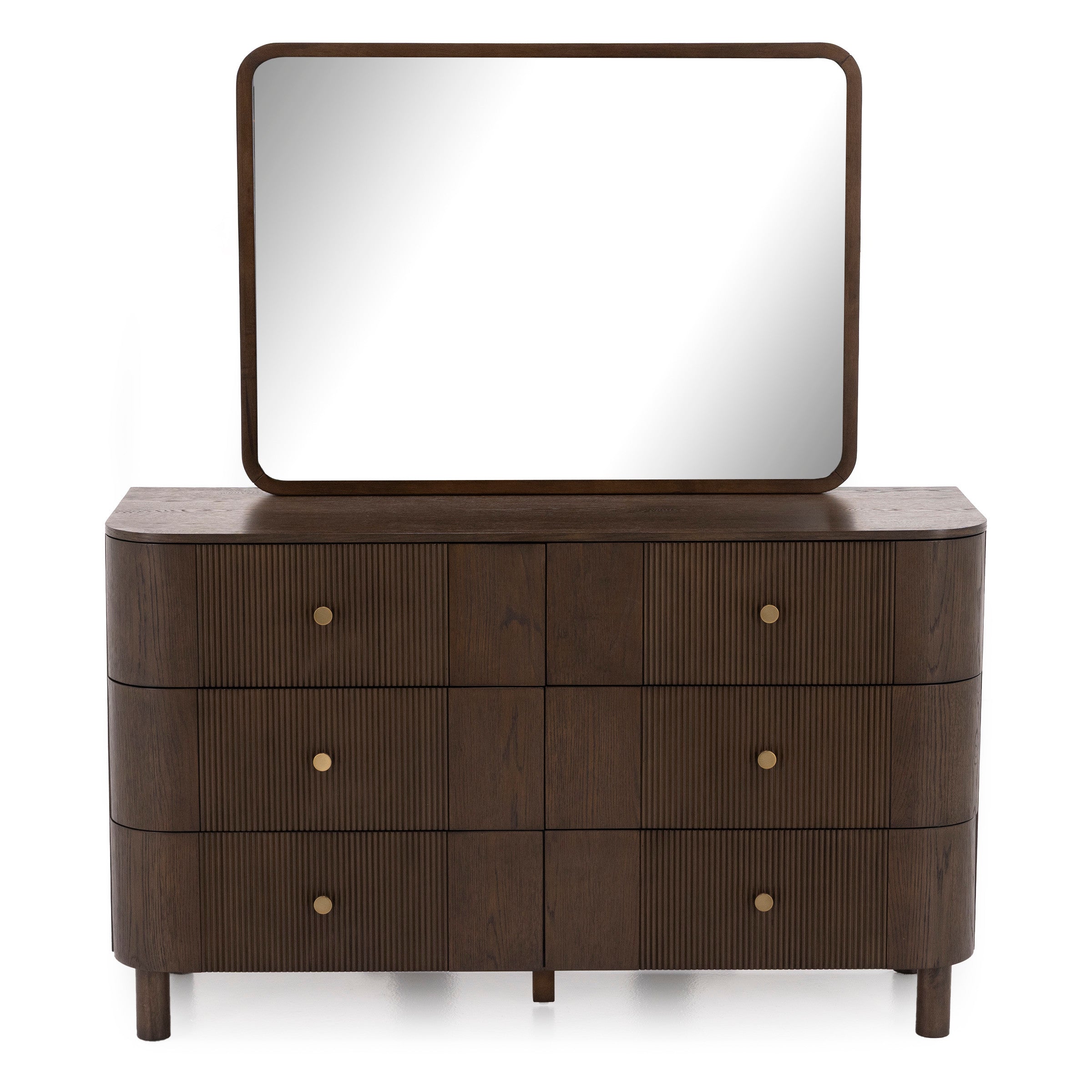 Dark wood dresser with three rows of drawers and an attached large rectangular mirror.