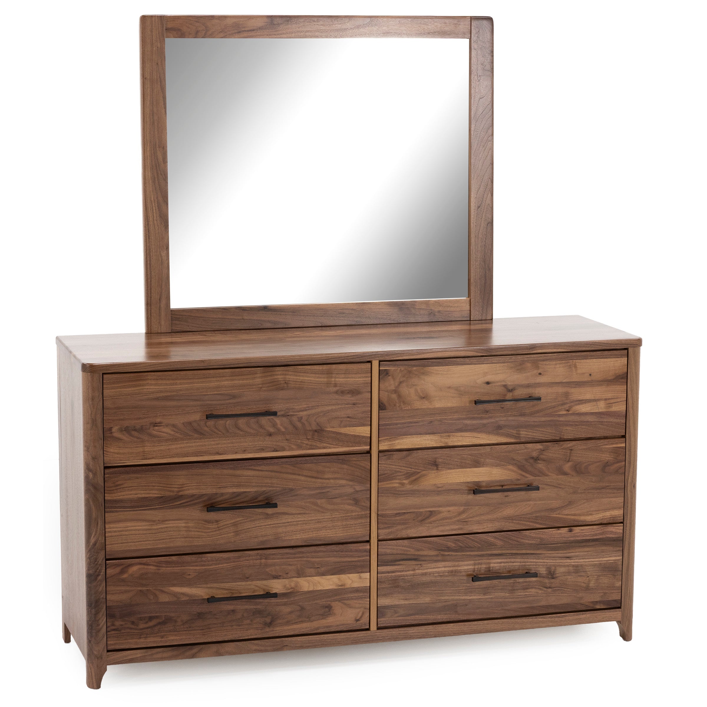 Wooden dresser with six drawers and attached rectangular mirror.