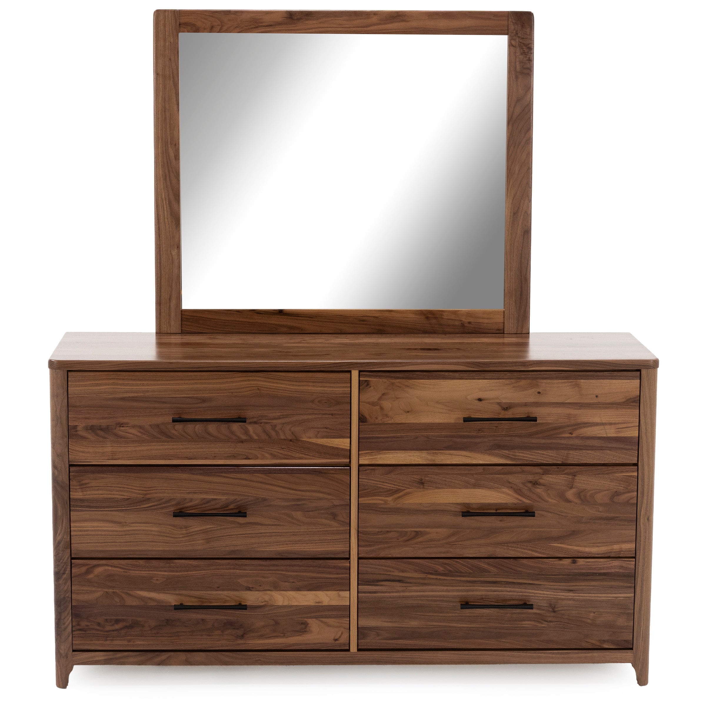 Wood dresser with six drawers and large attached mirror.