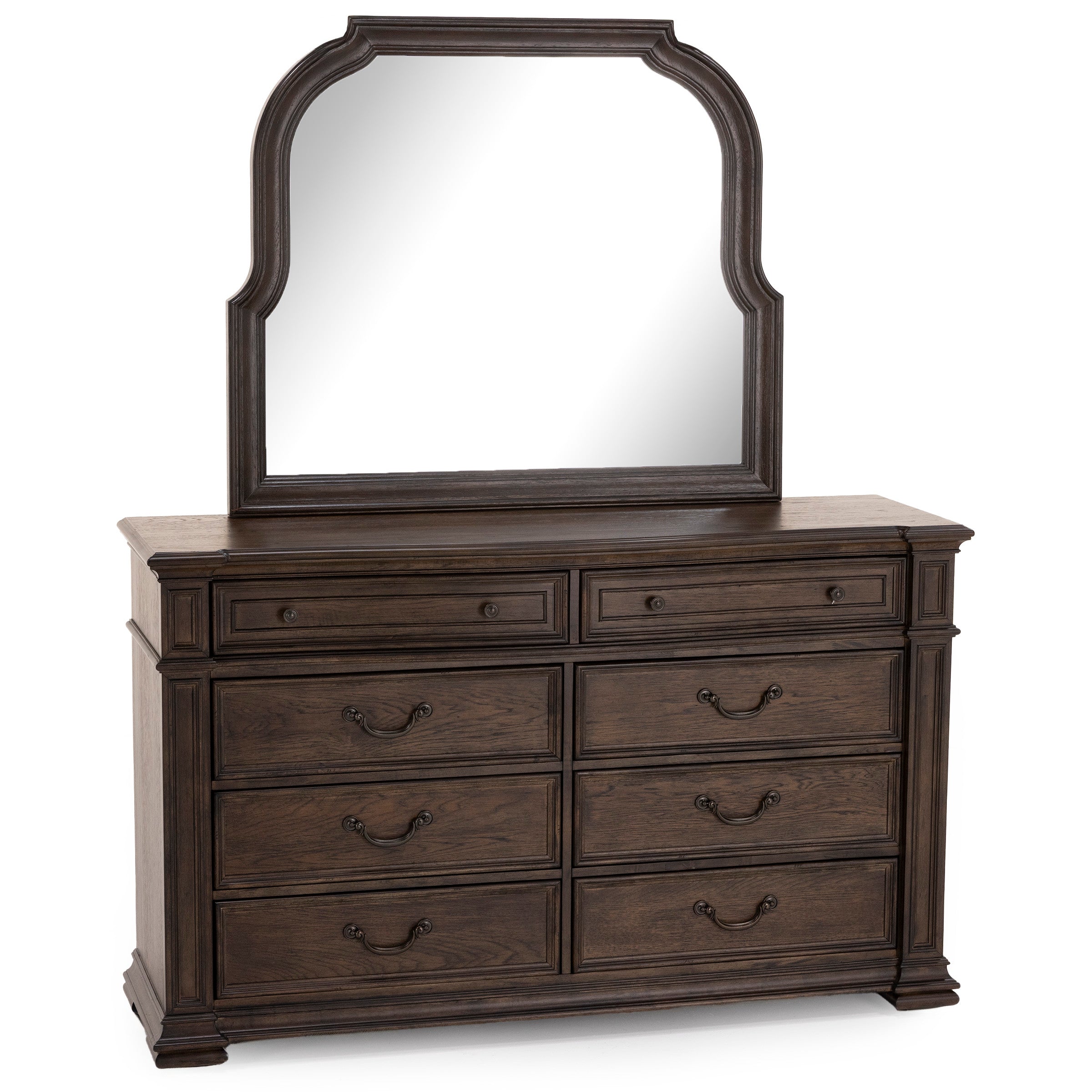 Dark wood dresser with eight drawers and a large framed mirror.
